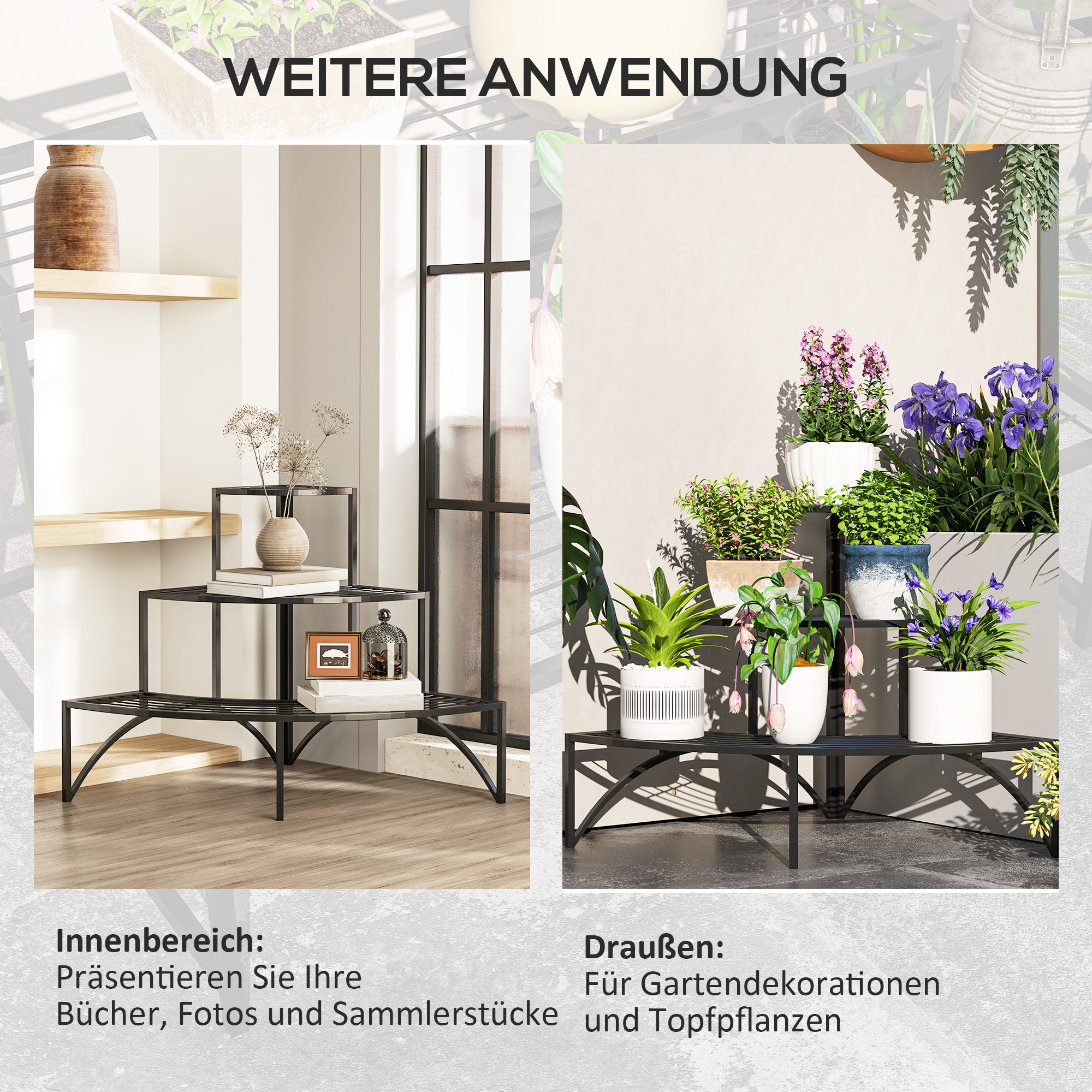 Eckpflanzenständer, Blumenständer mit 3 Ebenen, Metall, für drinnen und draußen, Blumentopfständer, Schwarz