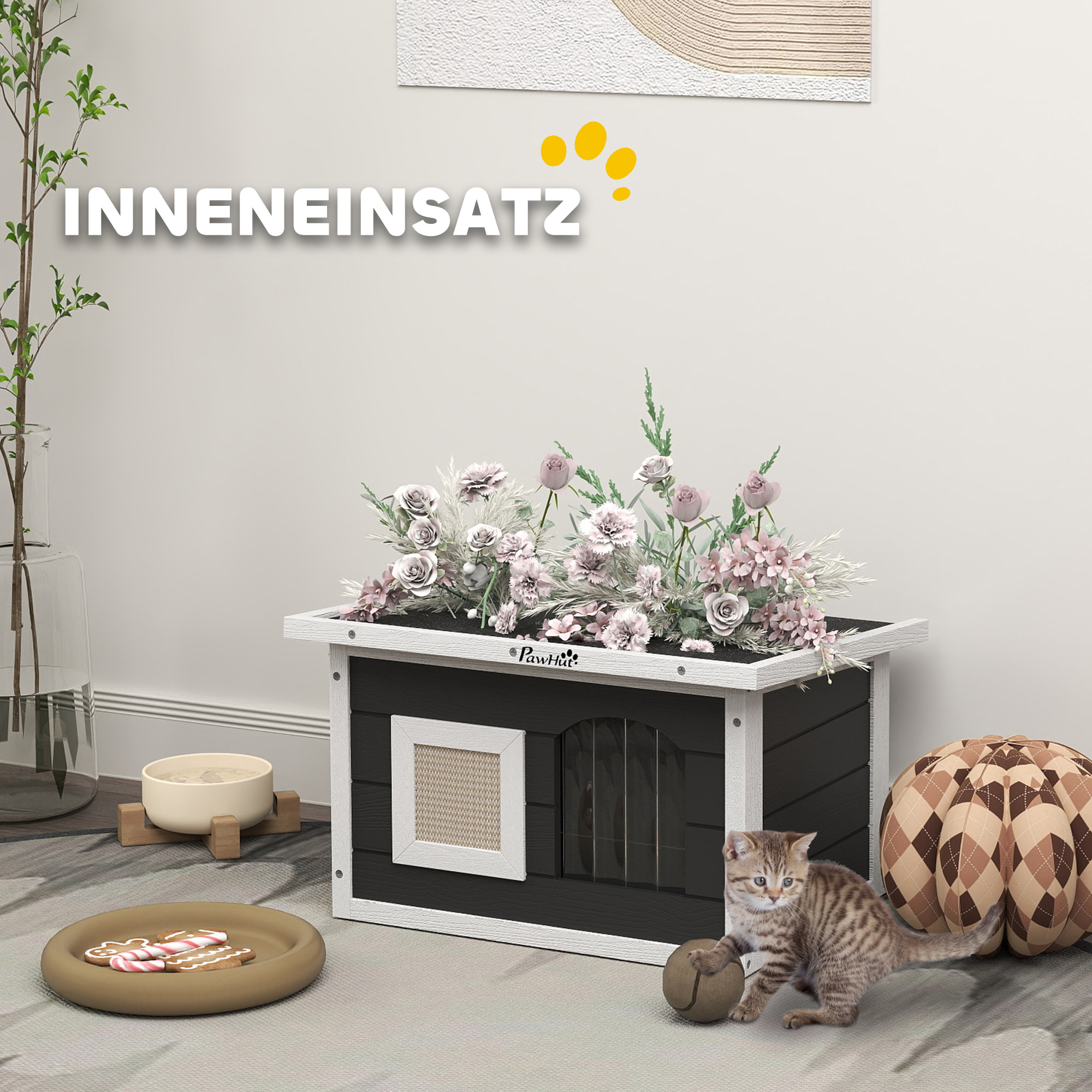 Katzenhaus, Rückzugsort für Katzen und Kaninchen, Holzhaus mit Kratzmatte, Türklappe, 61 x 45 x 36,5 cm, Grau