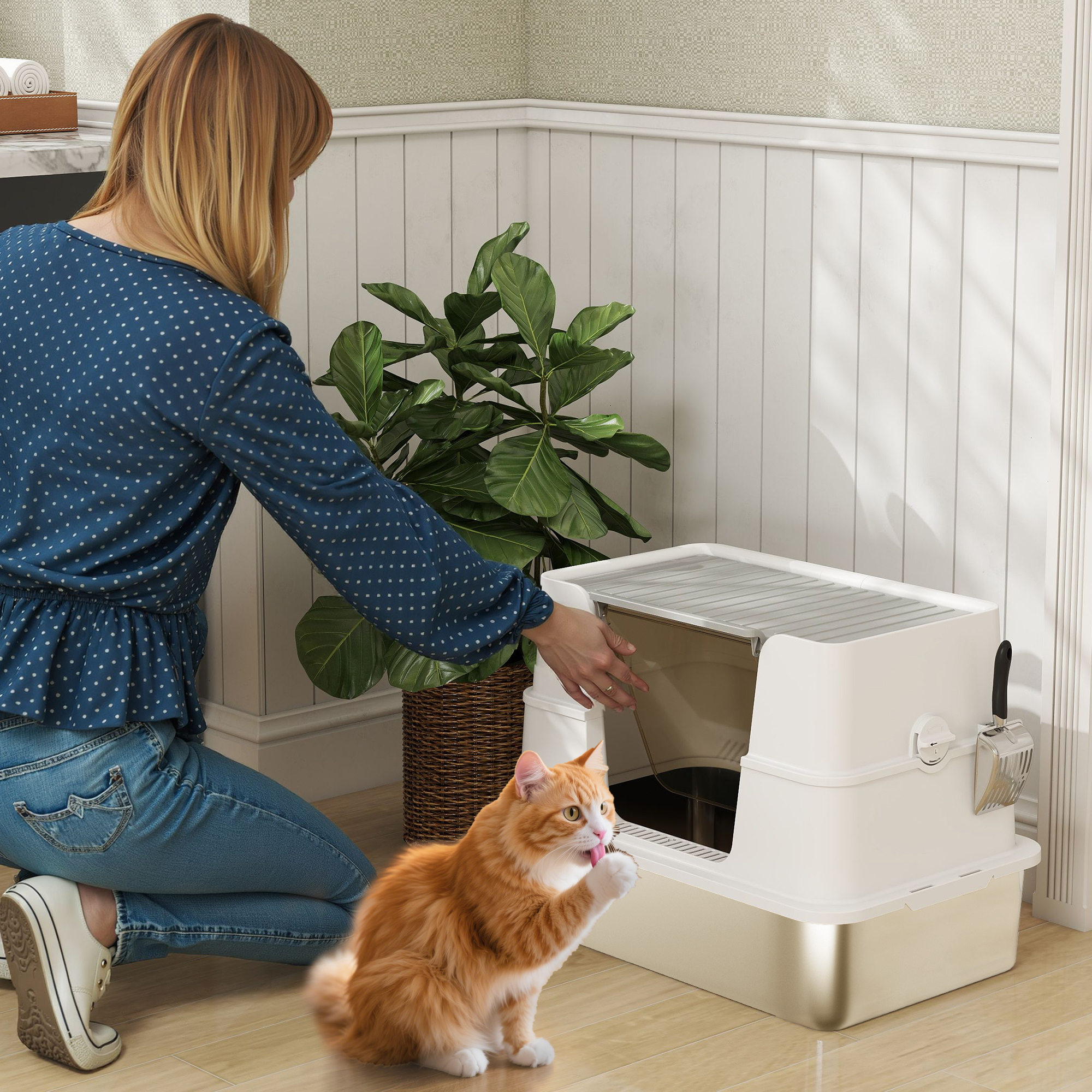 Katzentoilette, Edelstahl, XL-Innenraum, mit Schaufel, Hellgrau