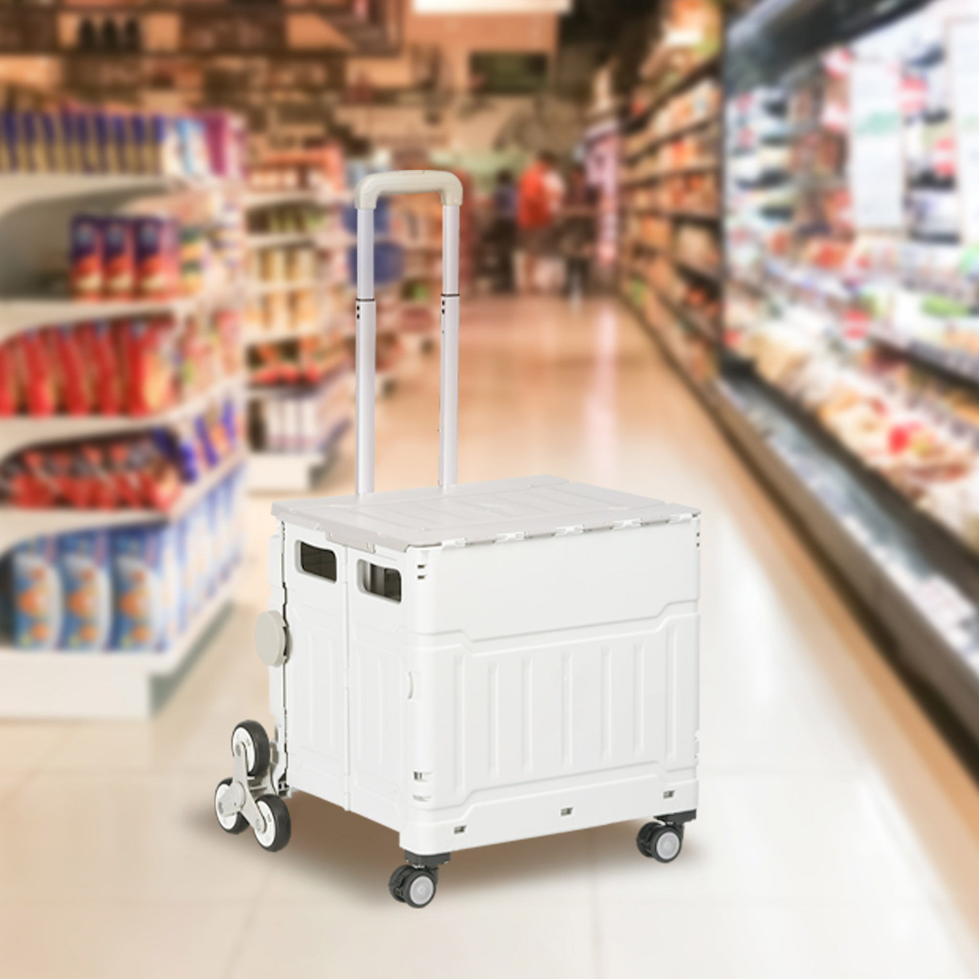 Einkaufstrolley Treppensteiger Mobile Transportbox,  klappbar, Teleskopgriff, bis max. 65 Kilo belastbar, Weiß