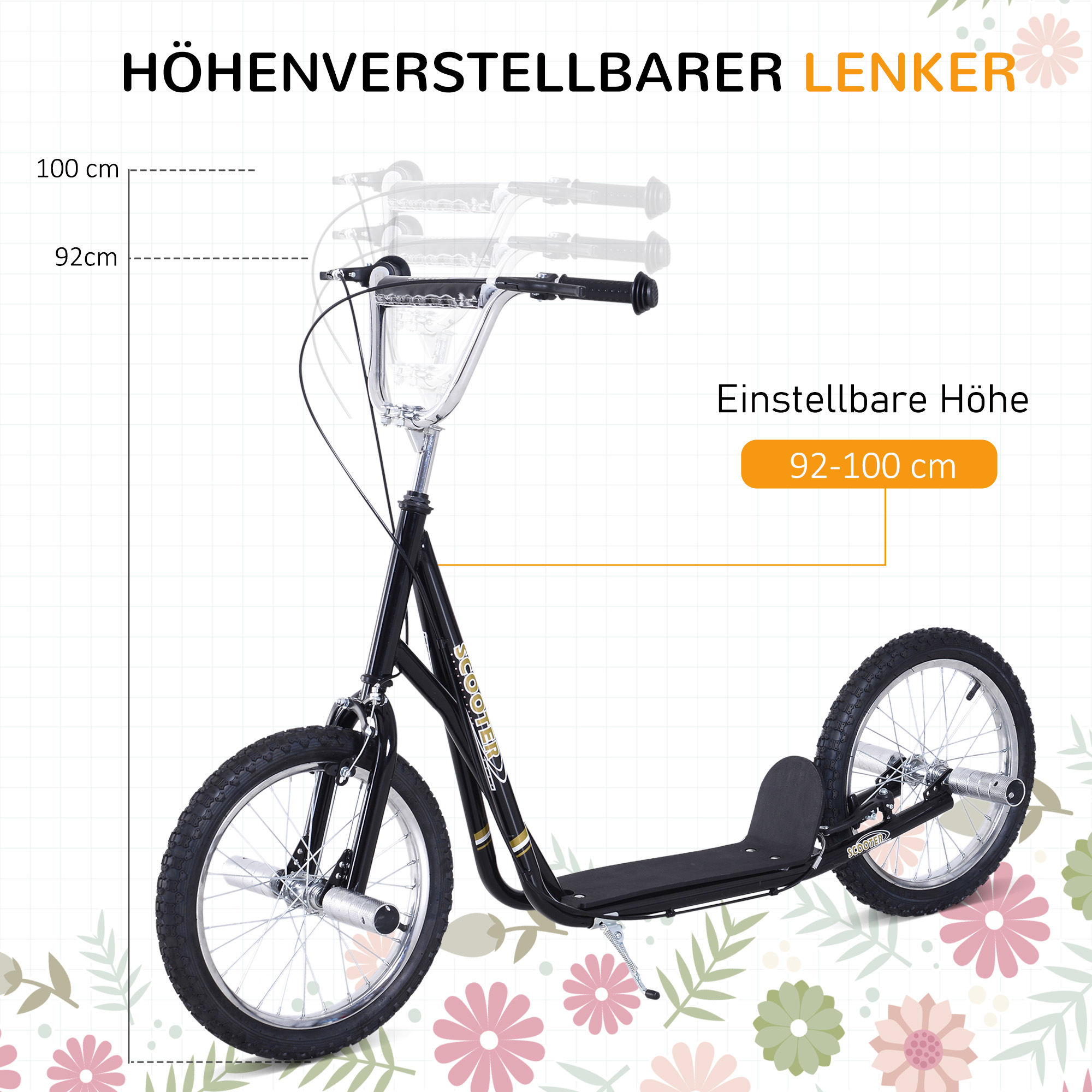 Kinderroller mit Luftreifen Kickscooter Scooter Tretroller Cityroller für Kinder Kickboard 16 Zoll ab 5 Jahre Höhenverstellbar Schwarz 143 x 58 x 92-100 cm
