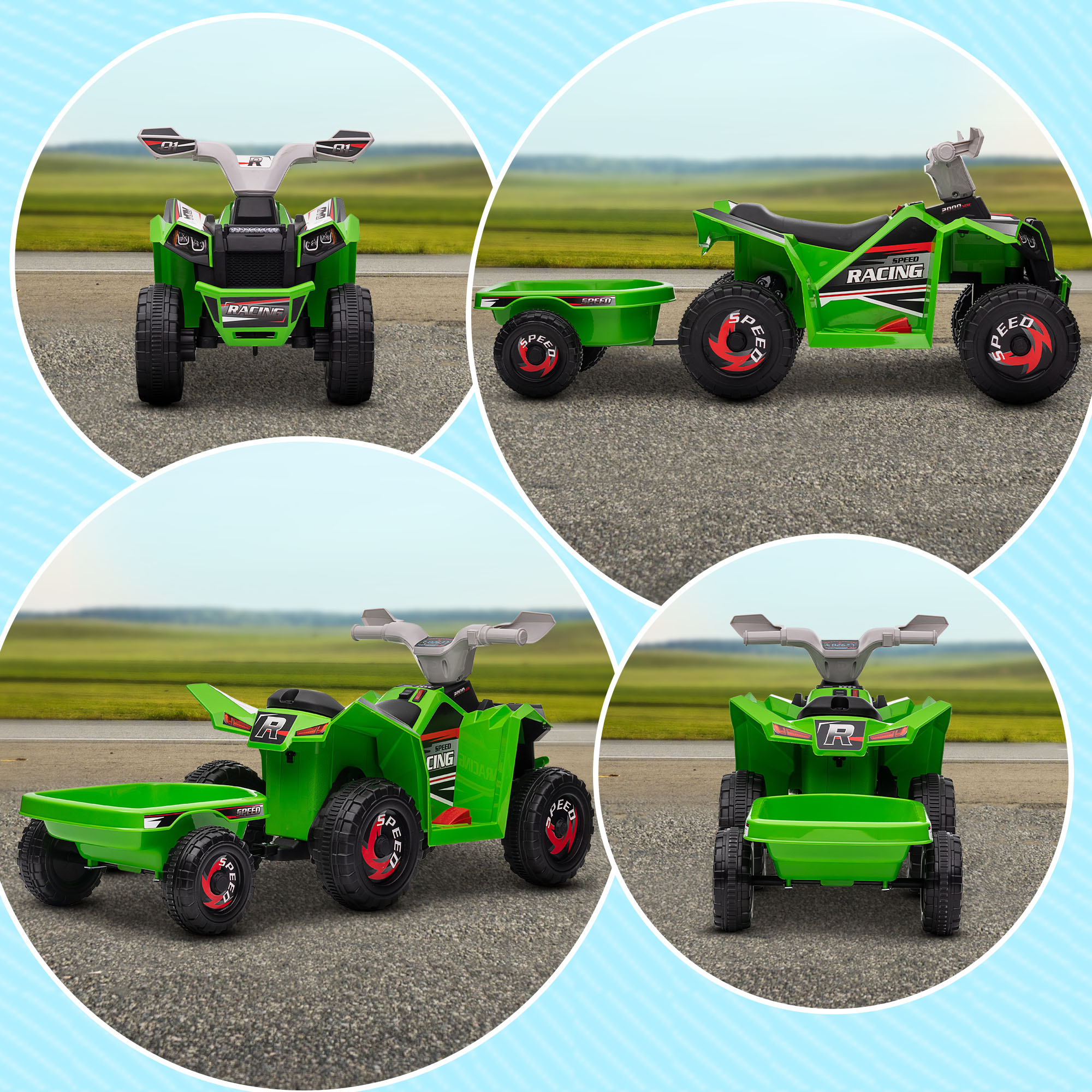 Kinderquad, aufladbar, 2,5 km/h, mit Anhänger, 50 Min. Fahrzeit, für Kinder 1,5 bis 3 Jahre, Grün