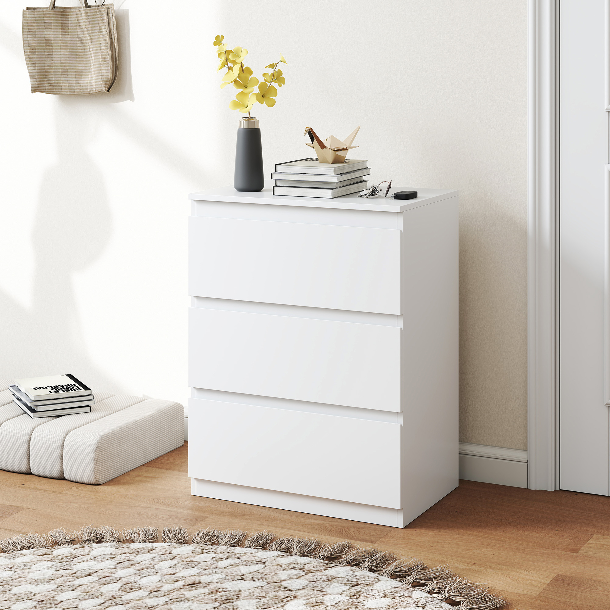 Kommode mit 3 Schubladen, für Wohnzimmer, Schlafzimmer, Flur, Spanplatte, Weiß