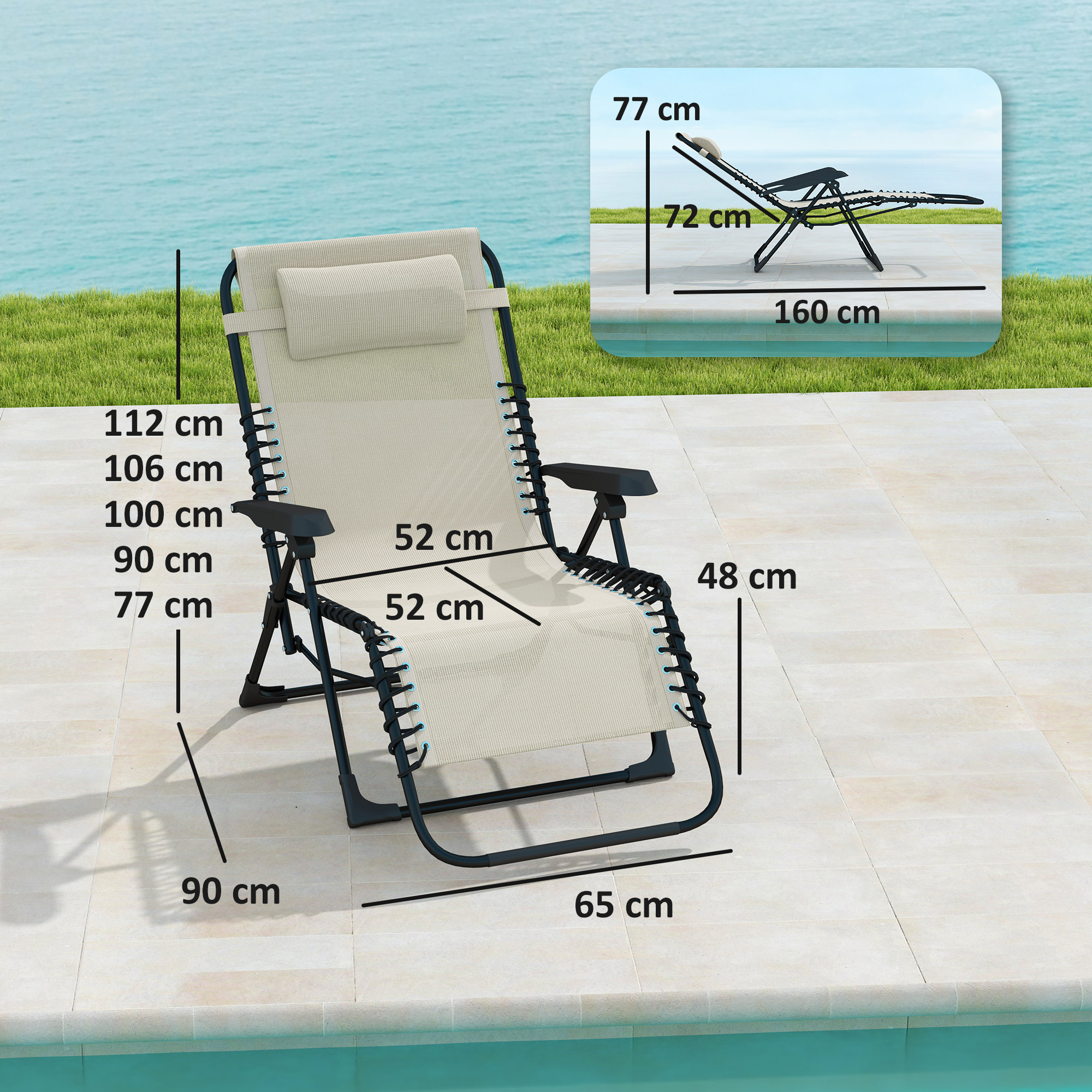 Sonnenliege klappbar Gartenliege mit Kopfkissen, 5-Fach verstellbare Rückenlehne bis 120 kg belastbar Beige