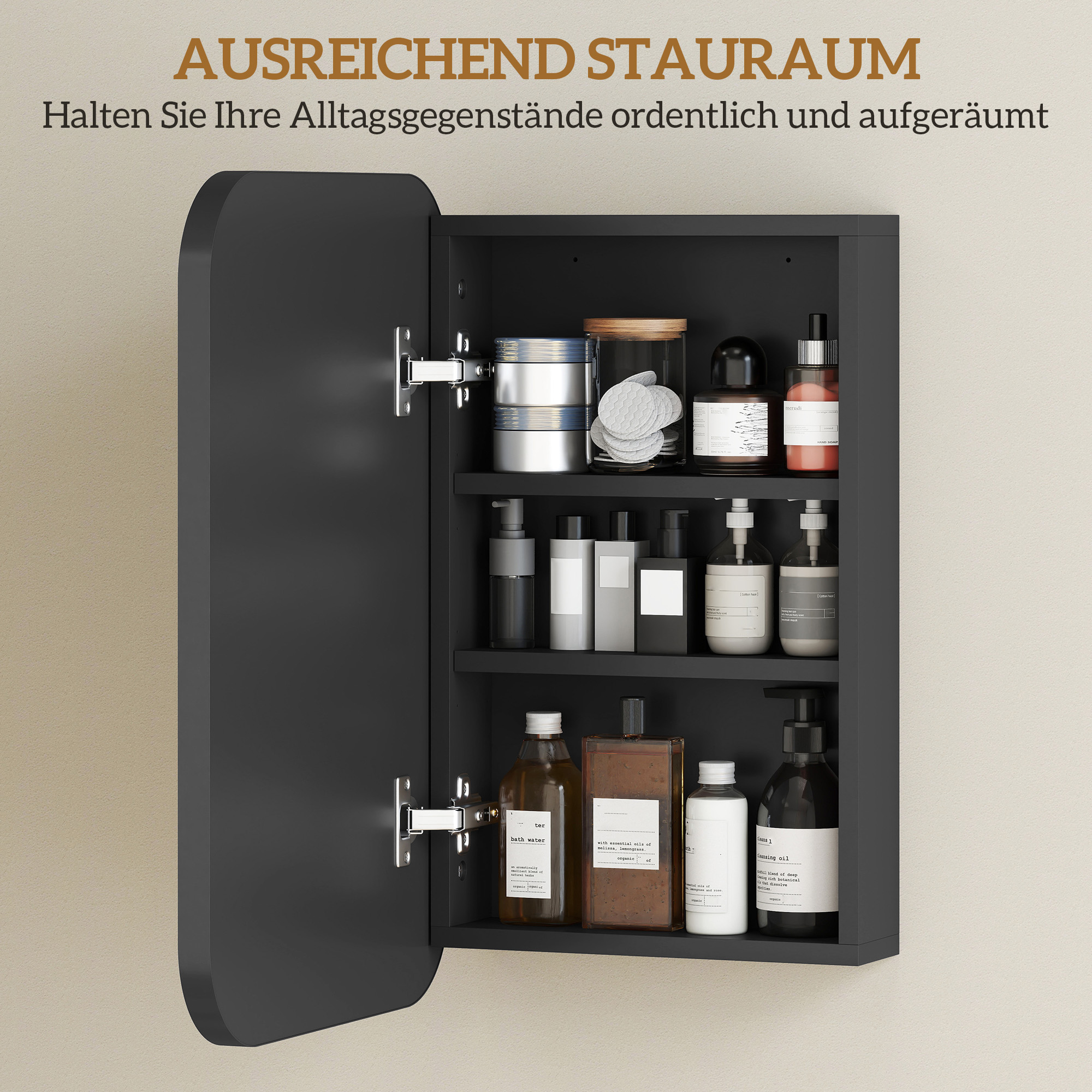 Spiegelschrank Bad, Badezimmerschrank mit Spiegel, Hängeschrank mit Verstellbarem Regal, 40 x 10 x 60 cm, Schwarz