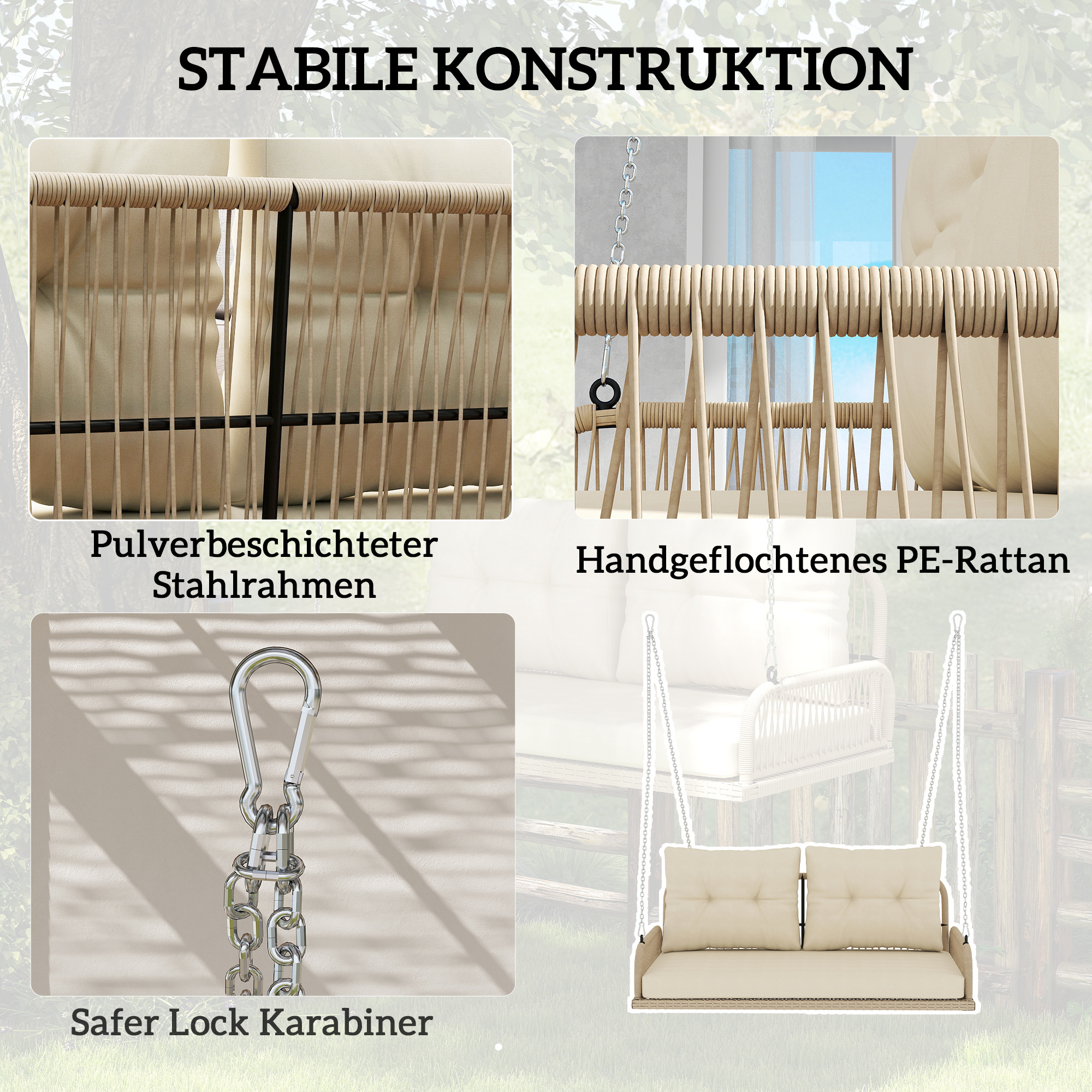 Hollywoodschaukel 2-Sitzer Rattan Gartenschaukel mit Kissen Ketten bis 240 kg 115 x 66 x 44 cm Beige