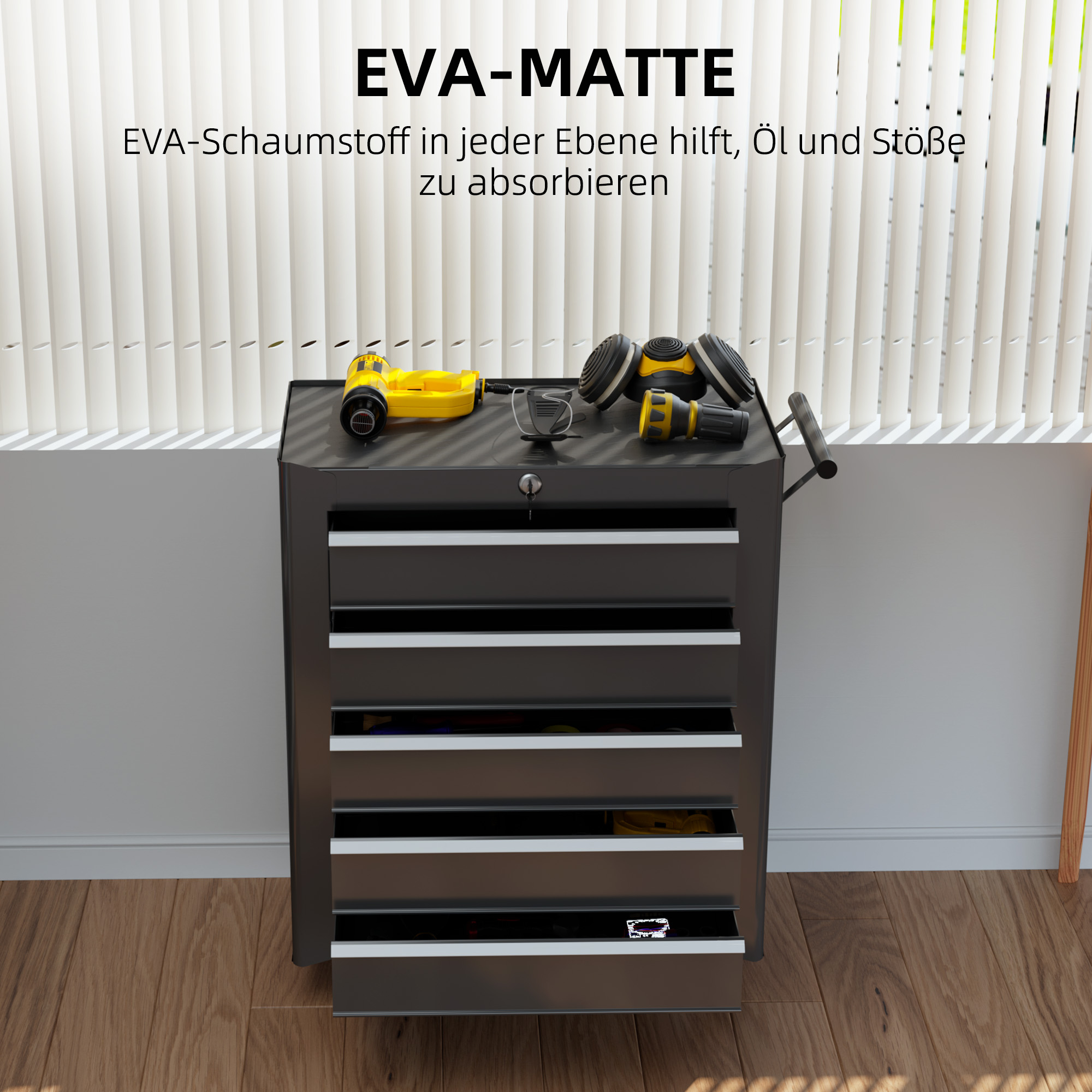 Werkzeugkiste, Werkzeugschrank, rollbar, 5 Schubladen, Stahl, Schwarz