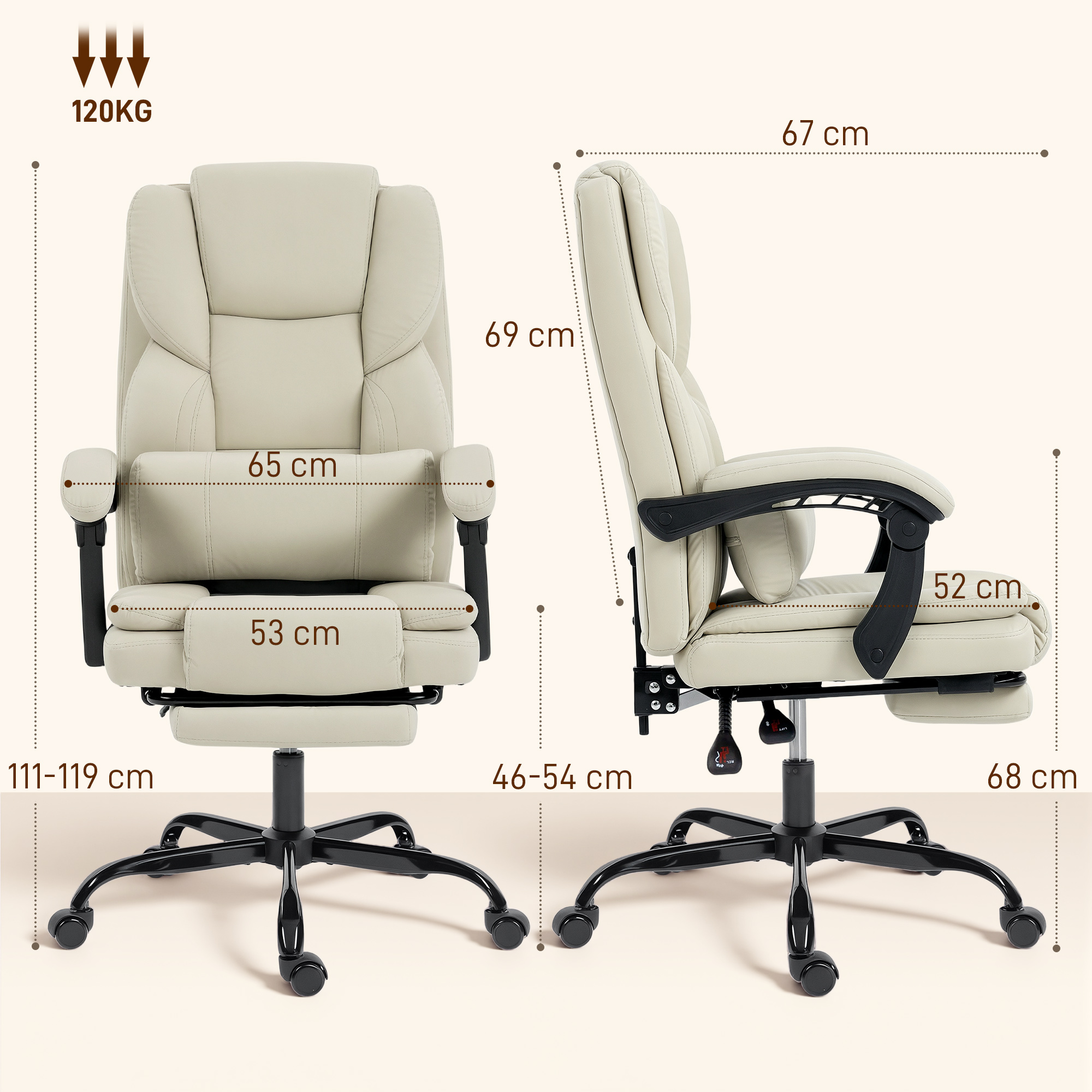 Bürostuhl mit tierfreundlichem Kunstleder-Bezug, Fußstütze, höhenverstellbar, rollbar, Beige