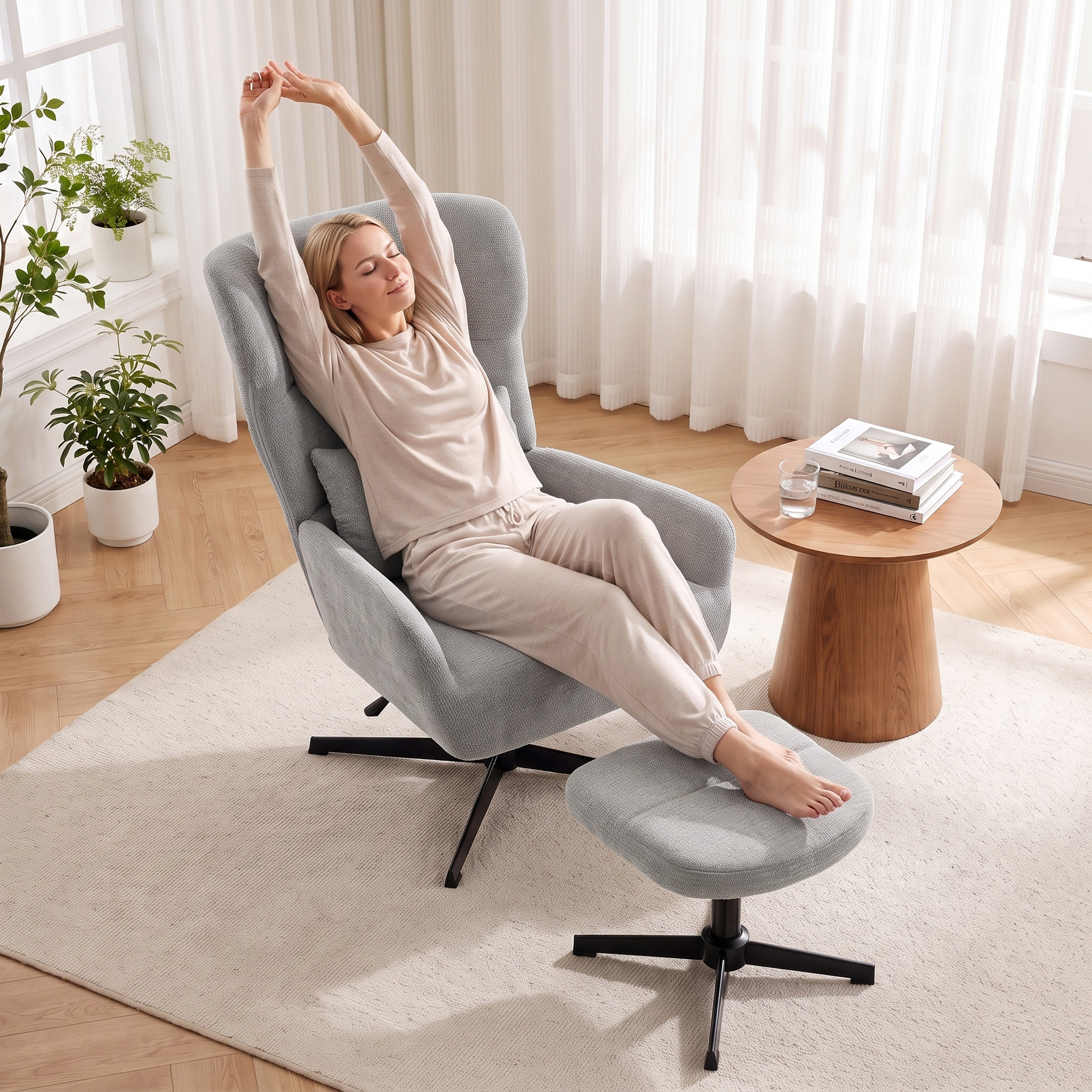 360° drehbarer Loungesessel mit Hocker, höhenverstellbar, Chenille-Bezug, mit Lendenkissen, Cremeweiß