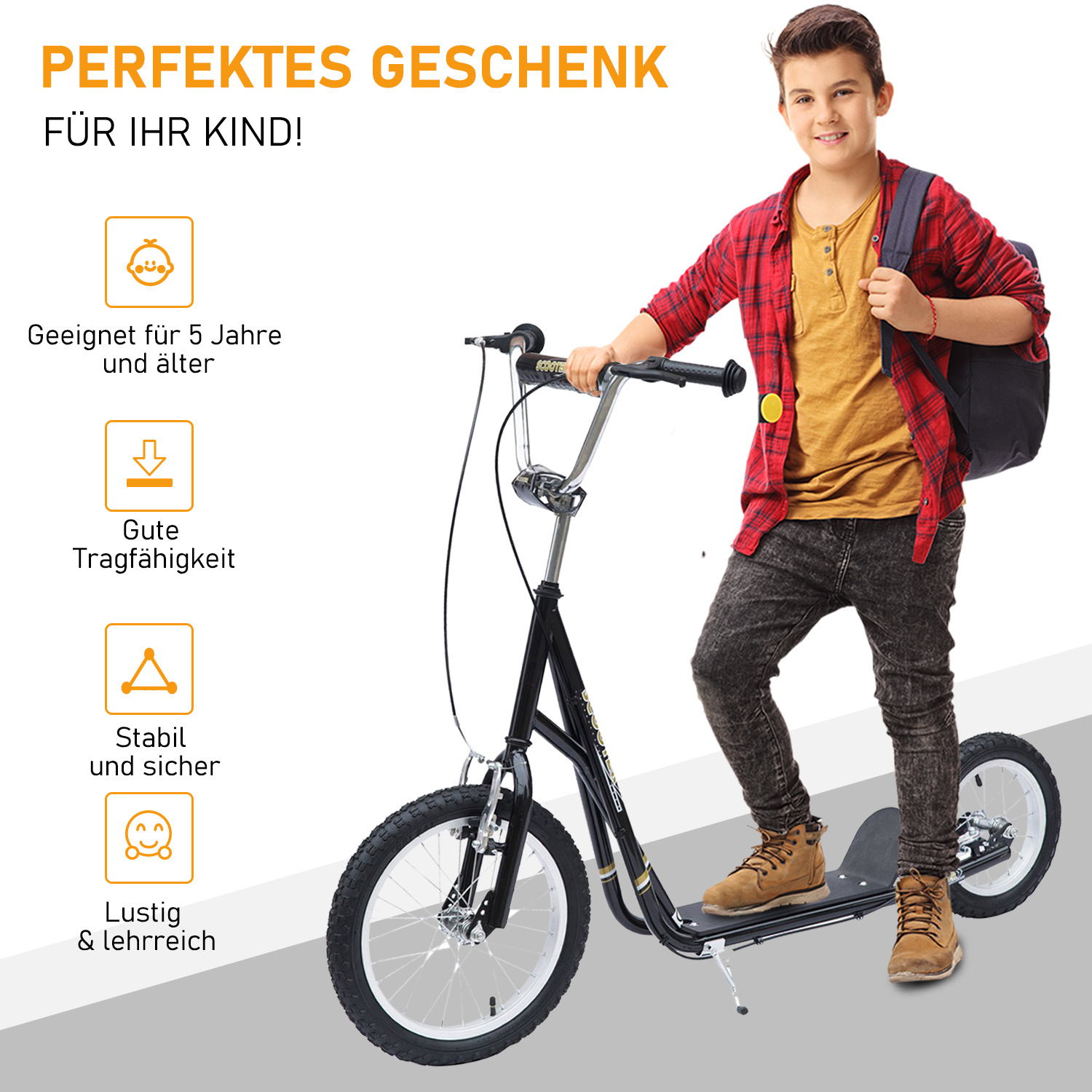 Kinderroller 16/12 Zoll Scooter Tretroller mit Bremsen Cityroller Kickboard Kinder Roller für 5+ Jahre Kinder Schwarz 135 x 58 x 92-100 cm