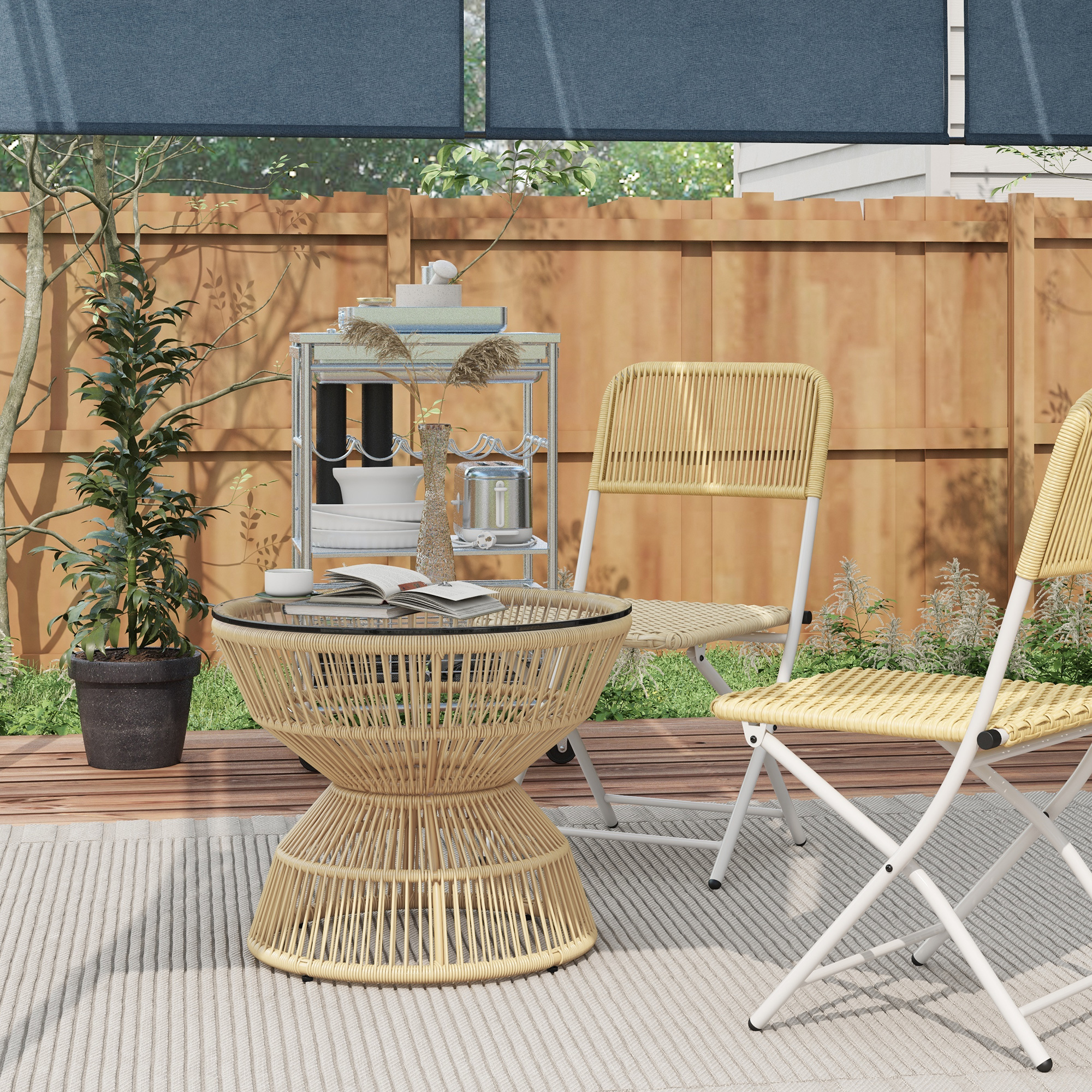 Outdoor-Beistelltisch Gartentisch Rattan-Beistelltisch, Glasplatte, PE-Rattan, 60 cm x 60 cm x 50 cm, Natur