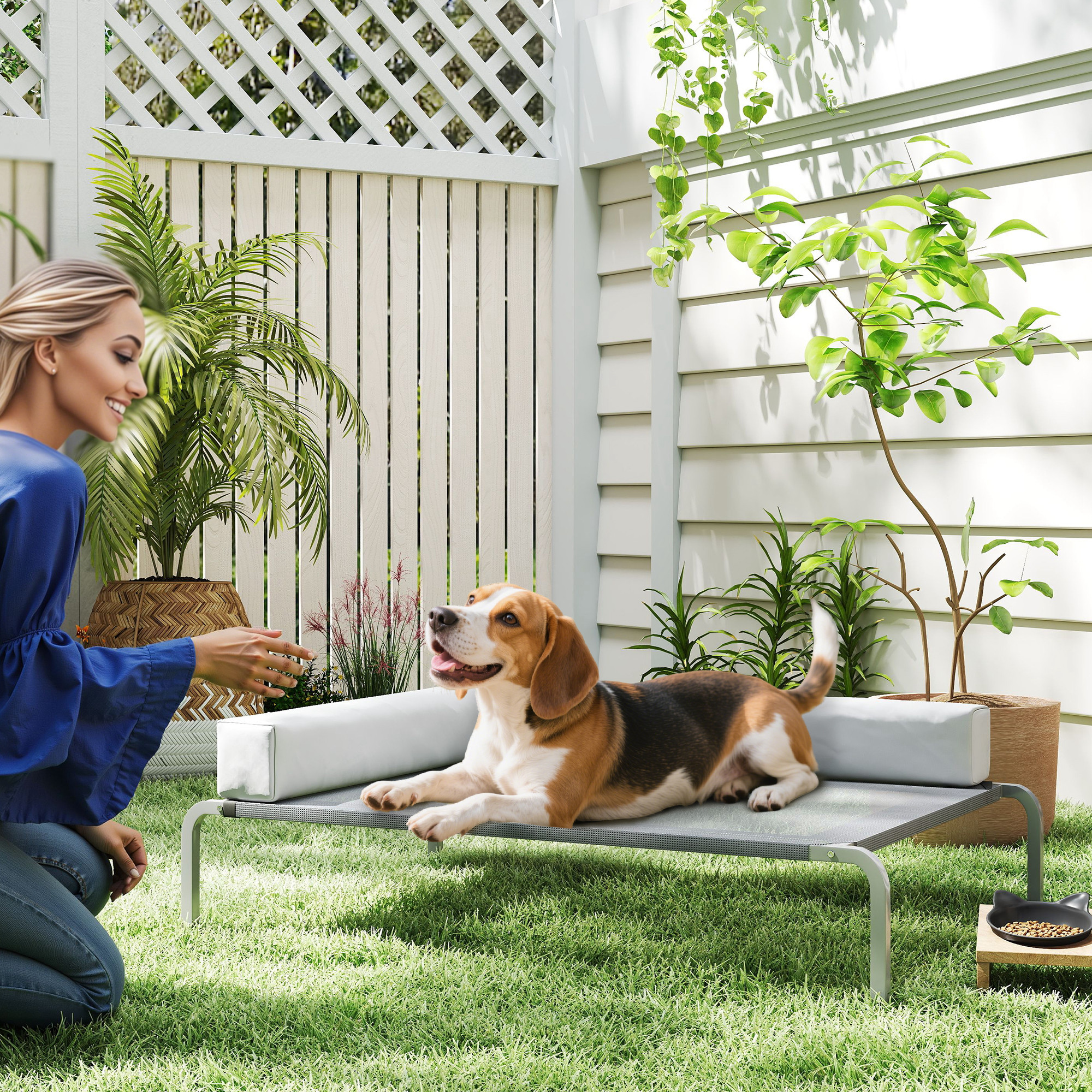 Hundeliege Outdoor, erhöhtes Hundebett für Mittelgroße Hunde, mit L-förmige Kissen 110x75x30cm, Hellgrau