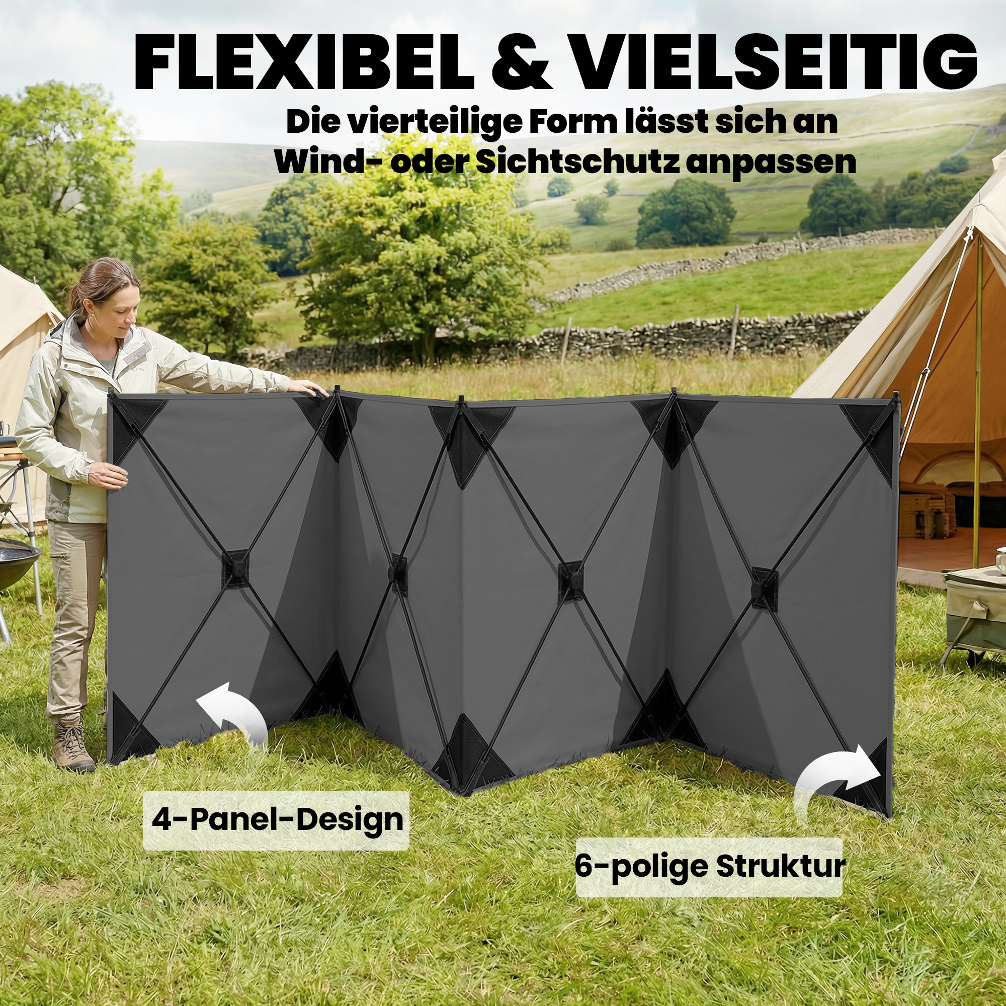 Windschutz faltbar Camping Sichtschutz mit Spannleinen Bodenhaken Tragetasche für Camping Garten 480 x 120 cm Dunkelgrau