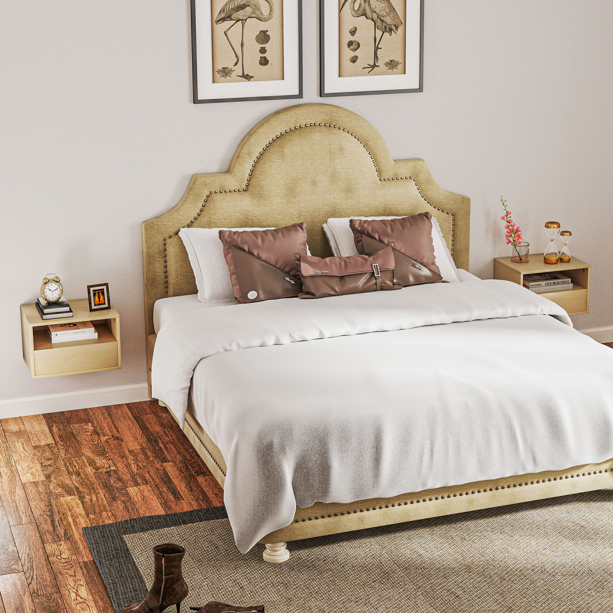 2-teiliges Wandnachttisch-Set, Nachttisch, Nachtkommode, Spanplatte, Natur, 45 x 35 x 27,5 cm