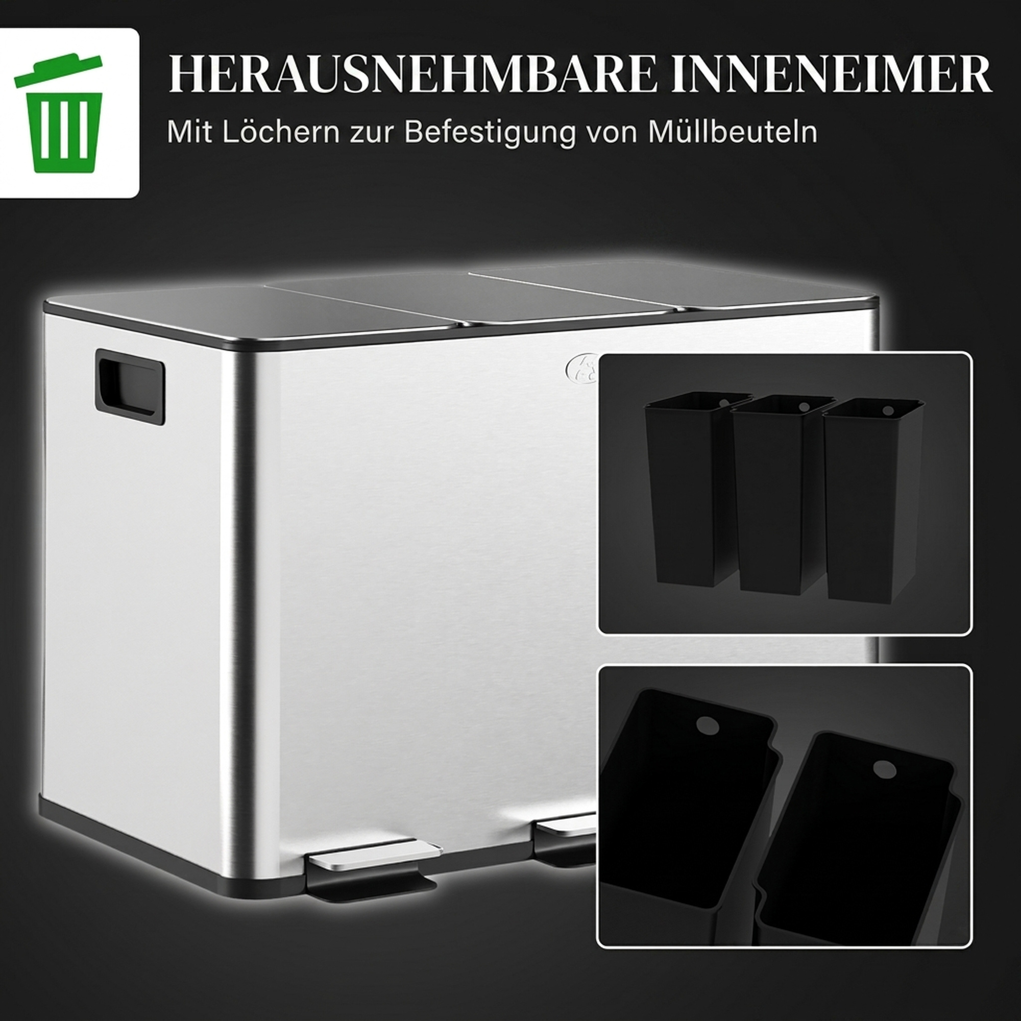 Mülleimer mit 3 x 10 L Fächern, Deodorant-Deckel, fingerabdrucksicher, Soft-Close, herausnehmbar, Silber