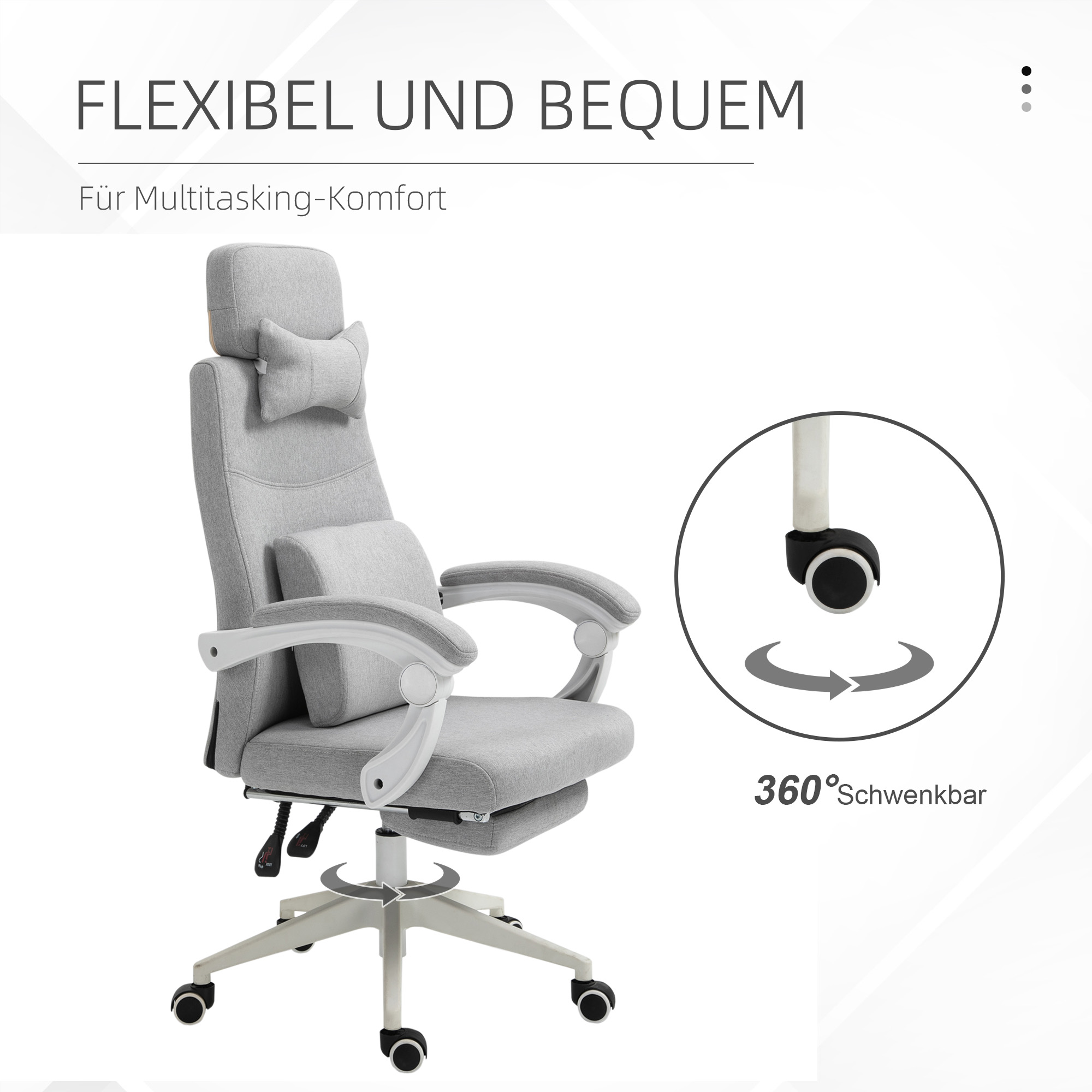 Bürostuhl, Ergonomischer Schreibtischstuhl mit Kopfkissen, Lendenkissen, höhenverstellbar Gamingstuhl mit Fußstütze, hoher Rückenlehne, Grau 62 x 68 x 117-127 cm