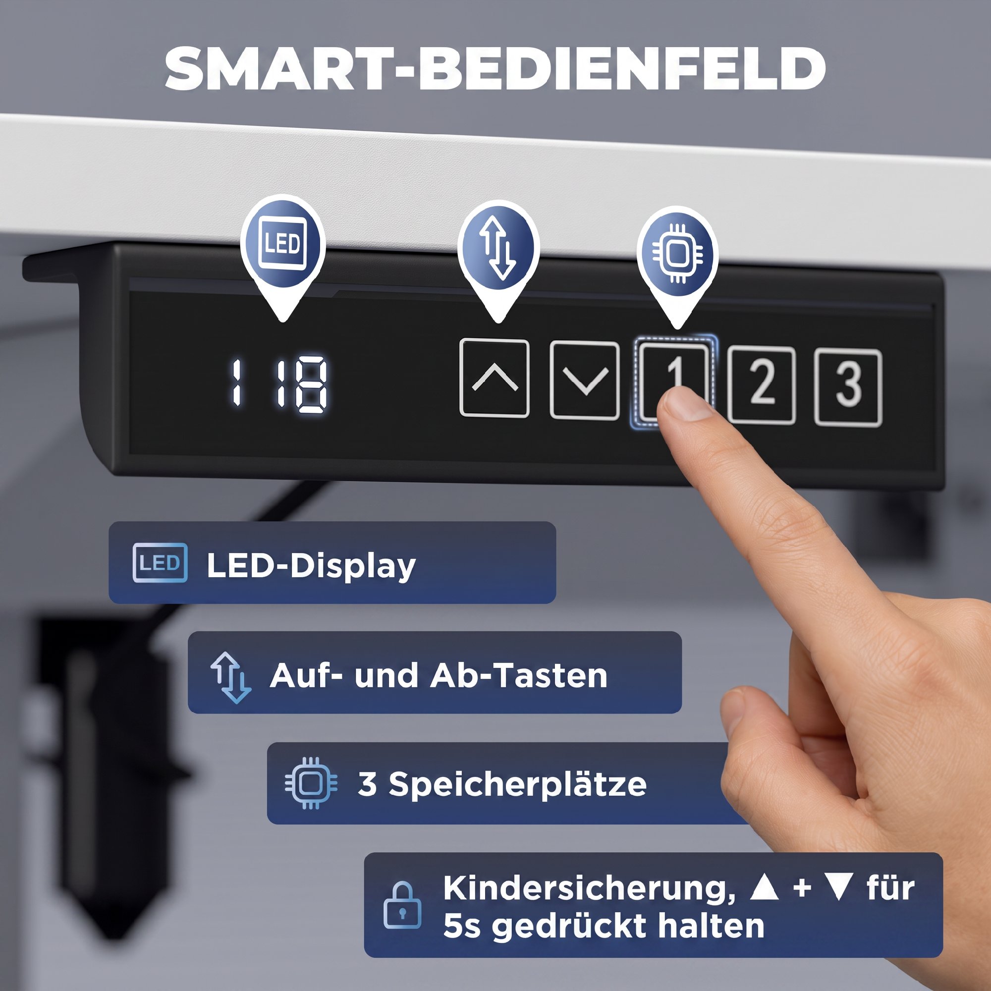 höhenverstellbarer Schreibtisch mit Memory-Funktion, 2 Kabeldurchlässen und LED-Display, Sitz-Steh-Schreibtisch, Weiß