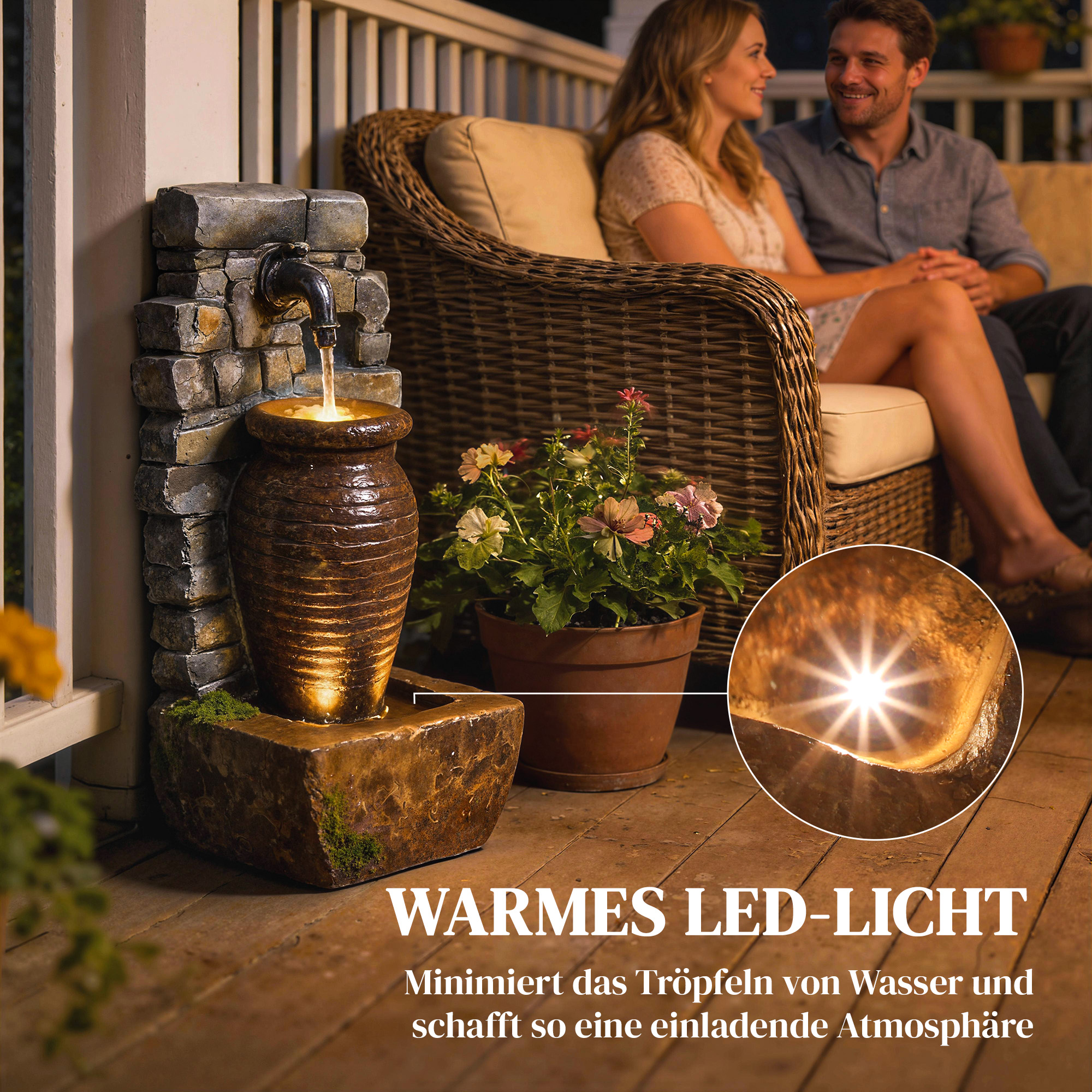 Gartenbrunnen mit einstellbarem Wasserfluss und 3-stufiger rustikaler Steinwand im Krugdesign