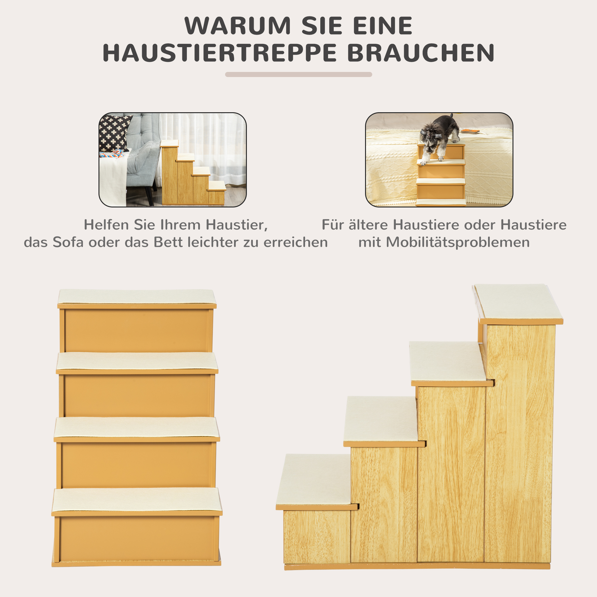 Haustiertreppe, für Hunde/Katzen, 4-stufig, Kurzplüsch, bis 30 kg, 40 x 59 x 54,2 cm, Natur