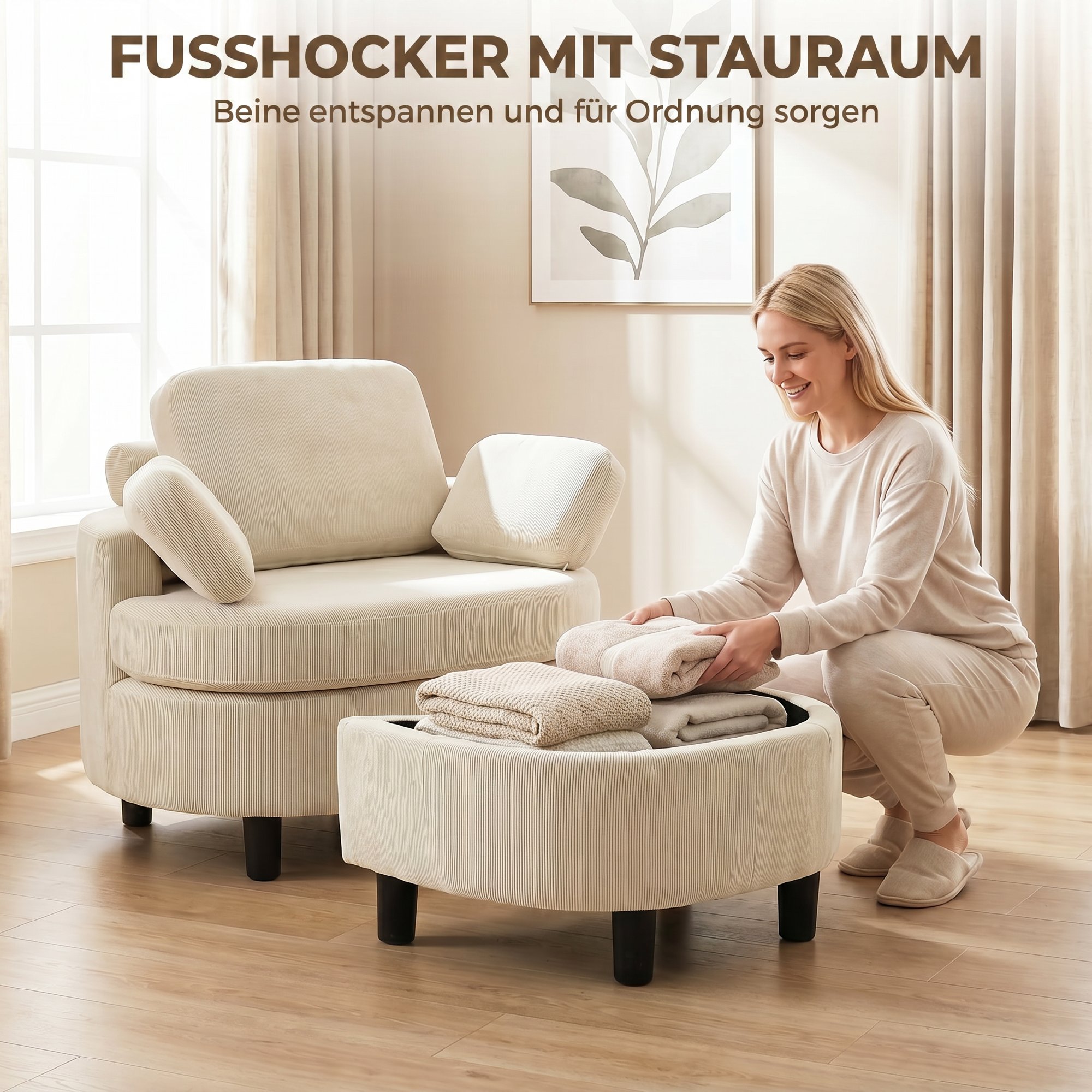 Sessel mit Aufbewahrungshocker, Cord Bezug, Rundum-Lesesessel mit Verstellbarer Kopfstütze, Breiter Sitz, Cremeweiß