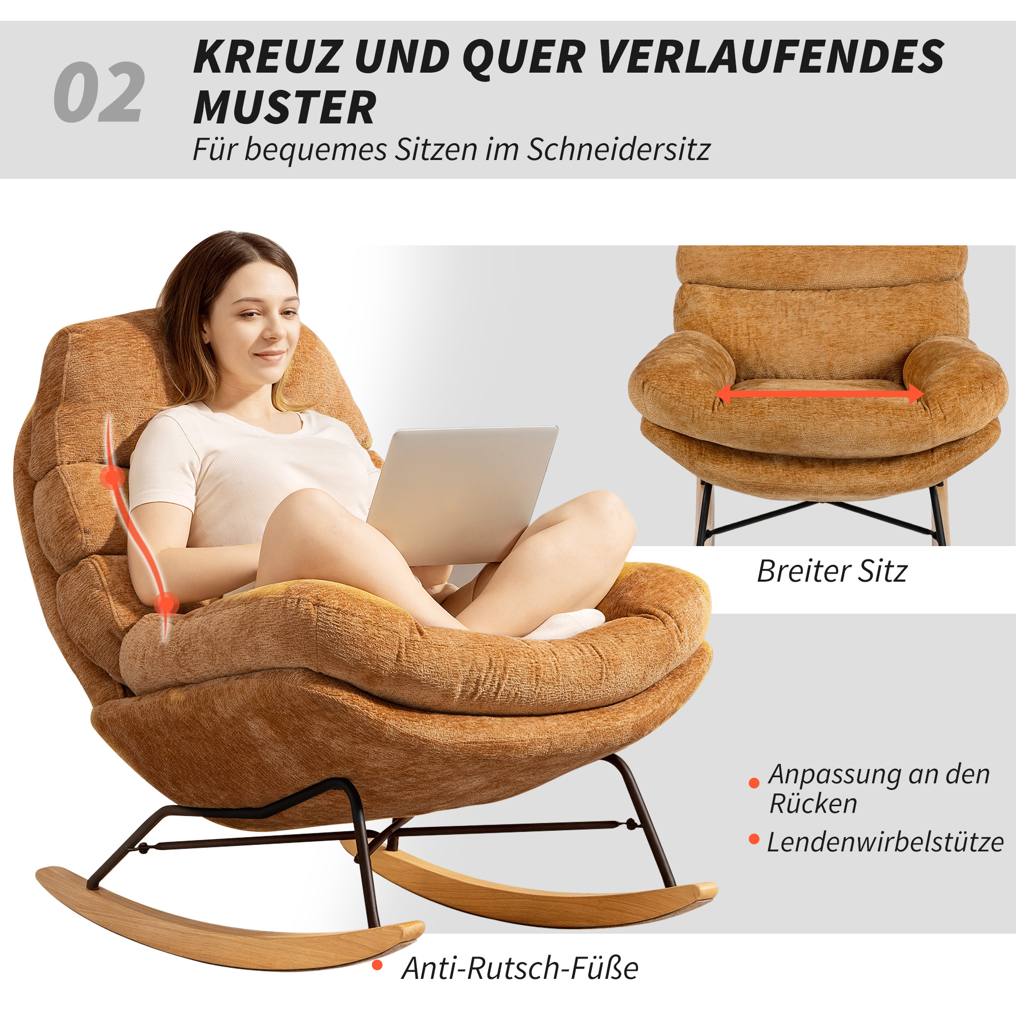 Gepolsterter Schaukelstuhl mit Stahlbeinen und Holzkufen, Gelb