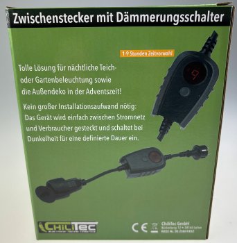 Zwischenstecker mit Dämmerungsschalter, und Zeitvorwahl (1- 9 Std.) über Display