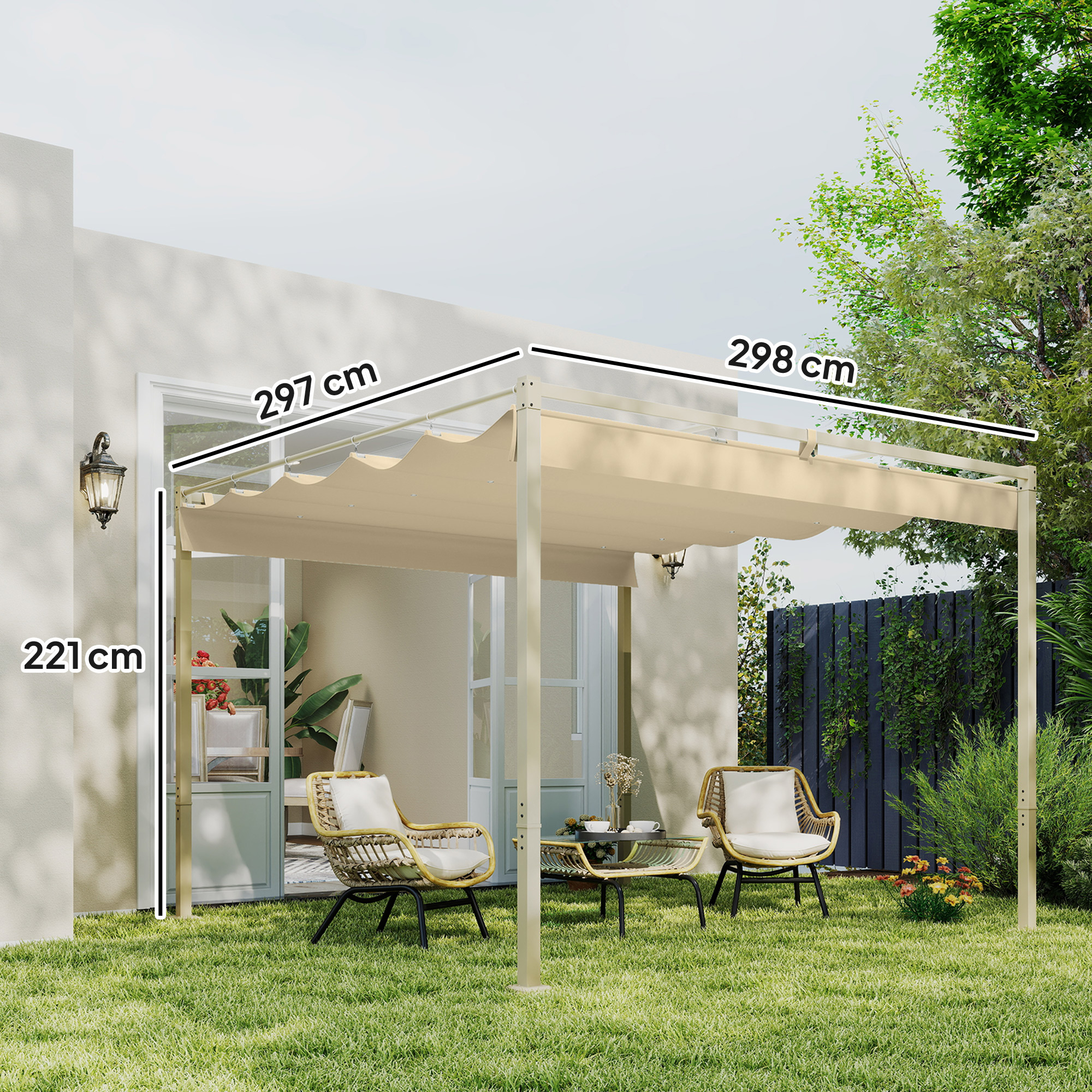3 x 3 m Garten-Pergola mit einziehbarem Dach, Pavillon, Baldachin für Schatten, UPF30+, Khaki