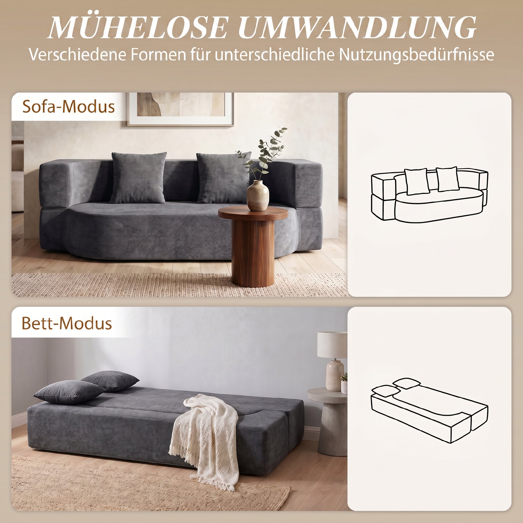 Schlafsofa, Bodensofa ohne Gestell mit dickem, hochdichtem Schaumstoff, breitem und tiefem Sitz, dunkelgrau