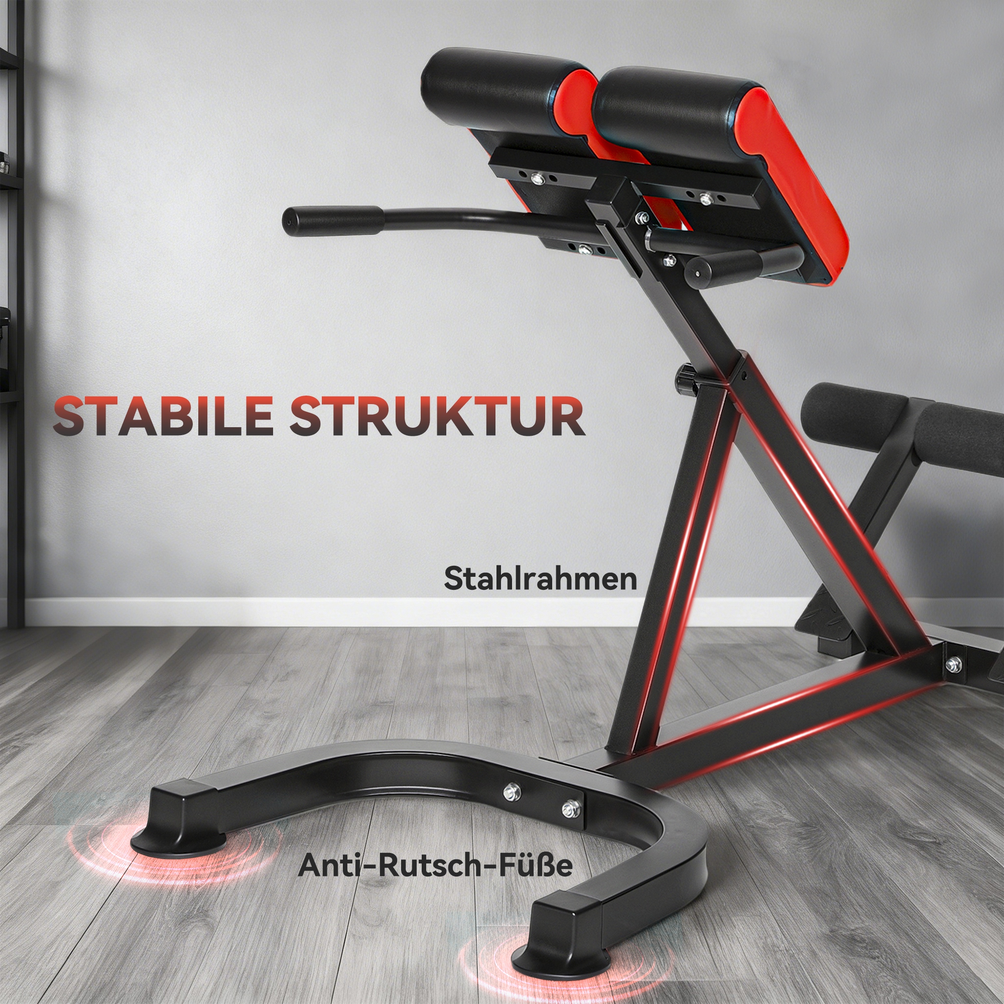 Trainingsstuhl, Fitnessbank, Hantelbank, Stahl, verstellbar, Griffe, Rot+Schwarz