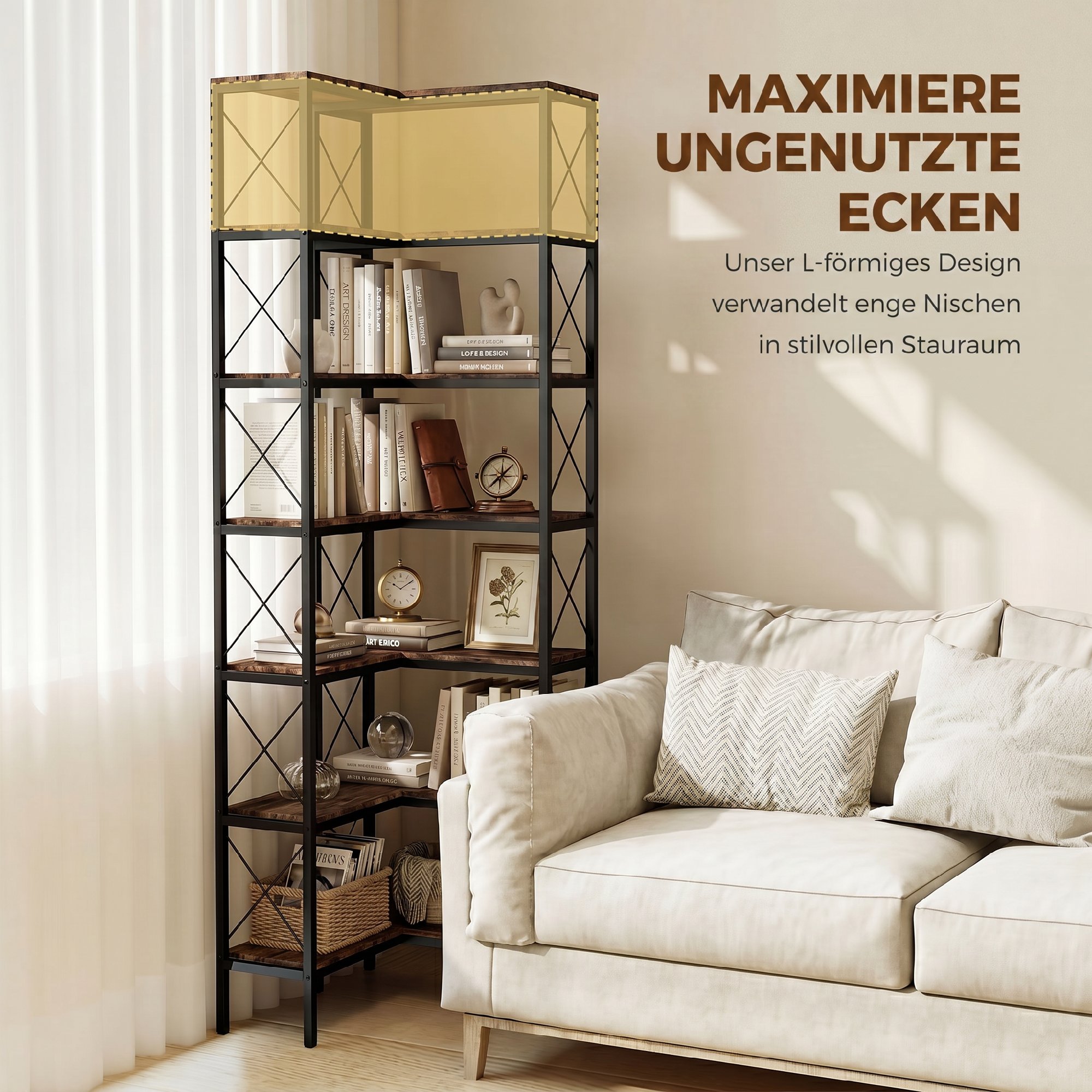 6-stufiges L-förmiges Bücherregal, freistehendes Eckregal mit Metallrahmen, rustikal braun, 60 x 60 x 200 cm