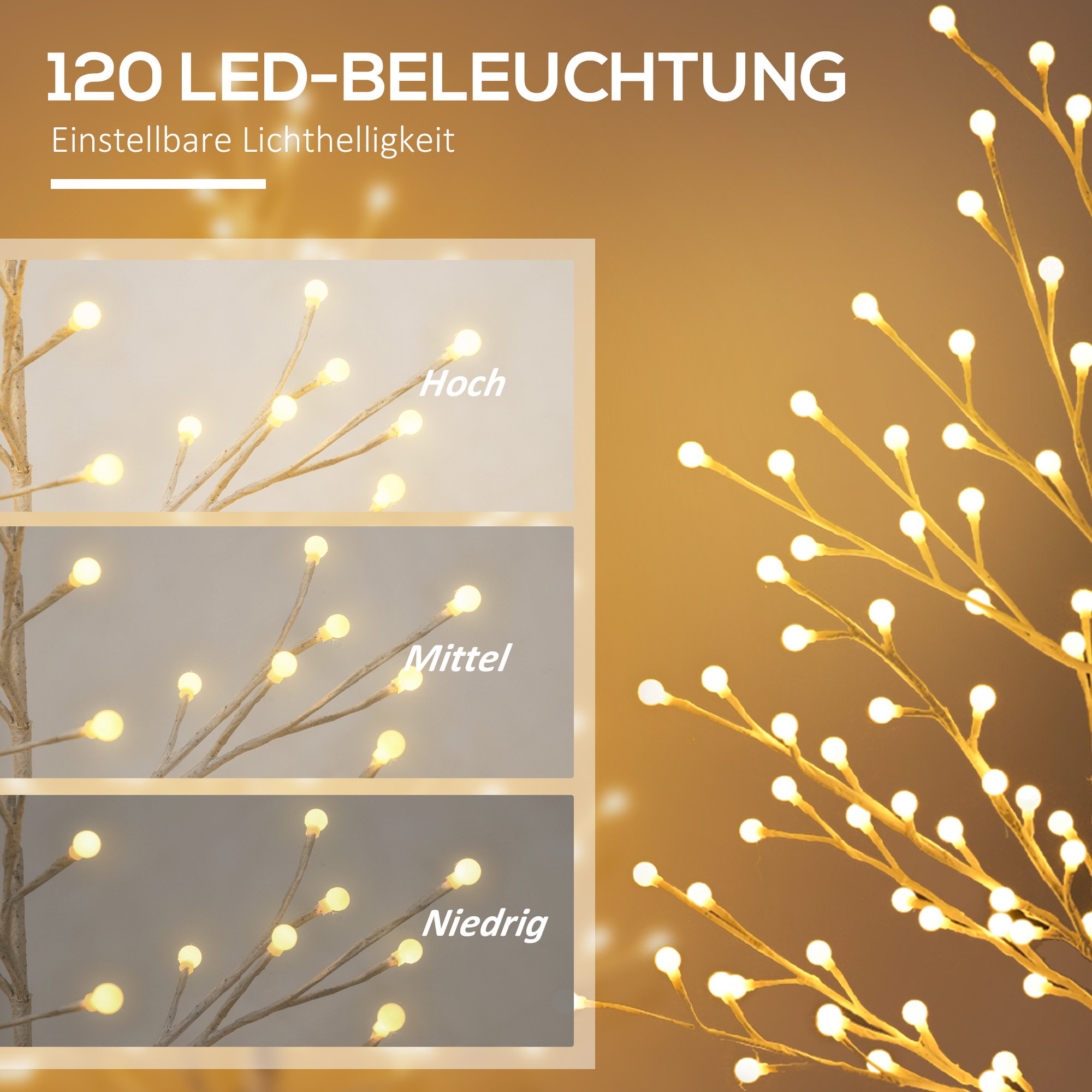 künstliche Birke mit 120 LED-Lichtern, 3 Helligkeitsstufen, faltbare Äste, IP44, 150 cm, Weiß