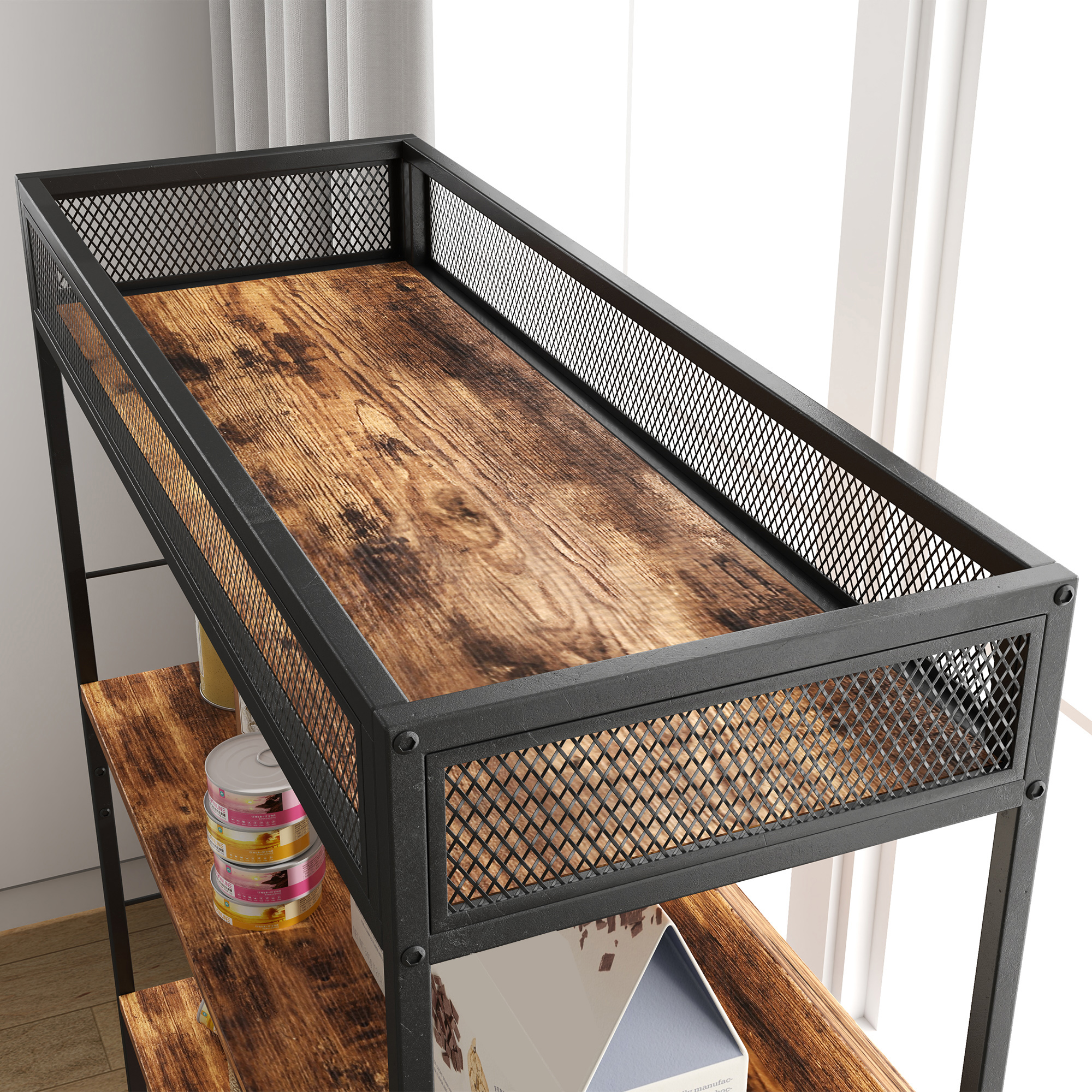 Katzentoilette mit 3-Ebenen-Regal und Kratzpfosten, geschlossenes Katzenklo, 80 x 48 x 152 cm, Braun