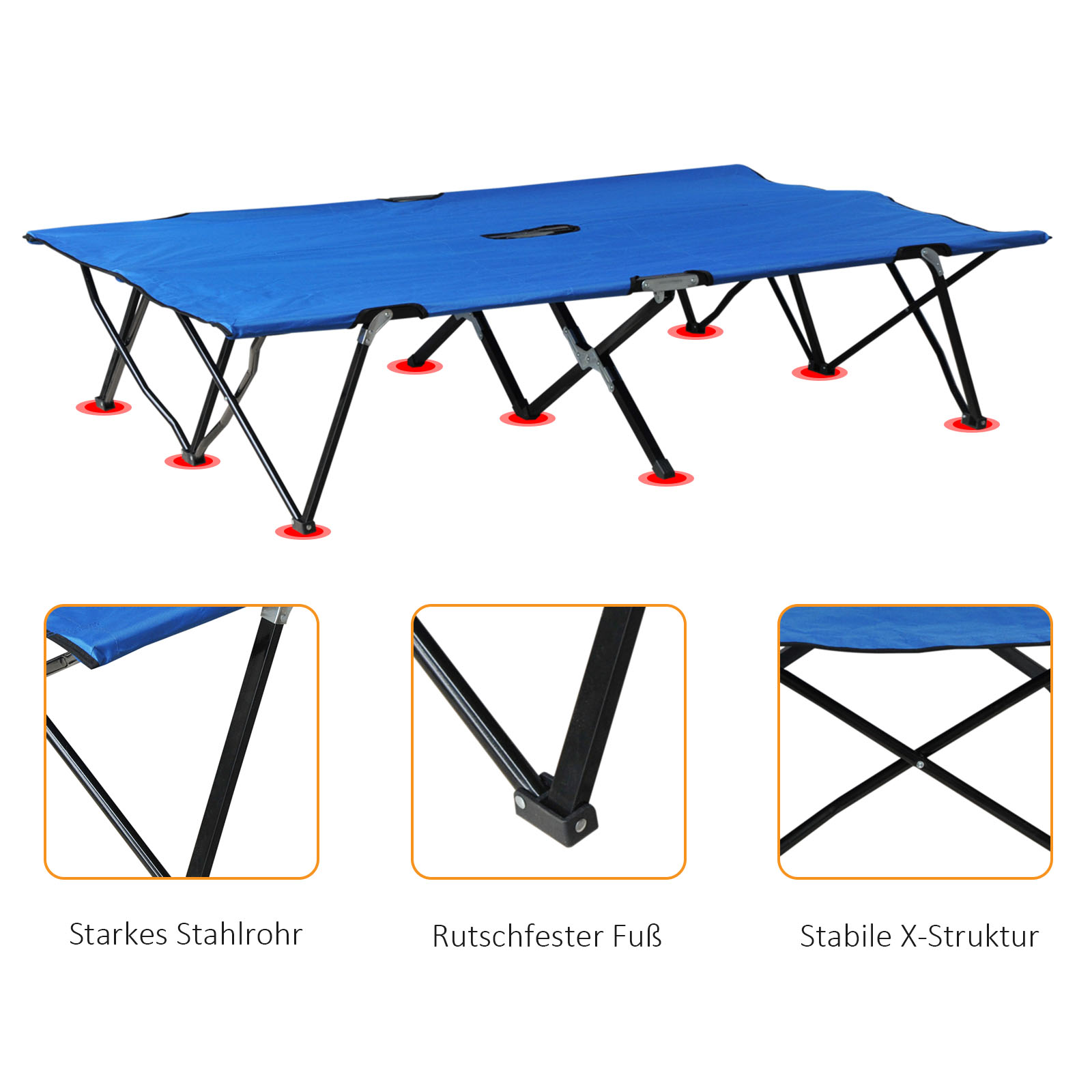 Campingbett Klappbar für 2 Personen Feldbett Klappbett mit Tragetasche bis 136 kg belastbar Stahl Oxford Blau+Schwarz 193 x 125 x 40 cm