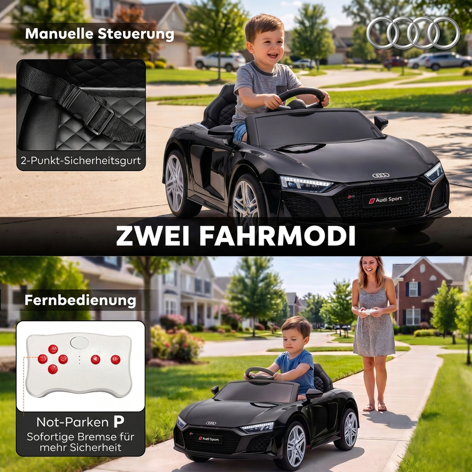 Kinder Elektroauto 12V Kinderauto mit Fernbedienung Lithium-Akku 2 Motor Sanftanlauf Hinterradfederung Schwarz