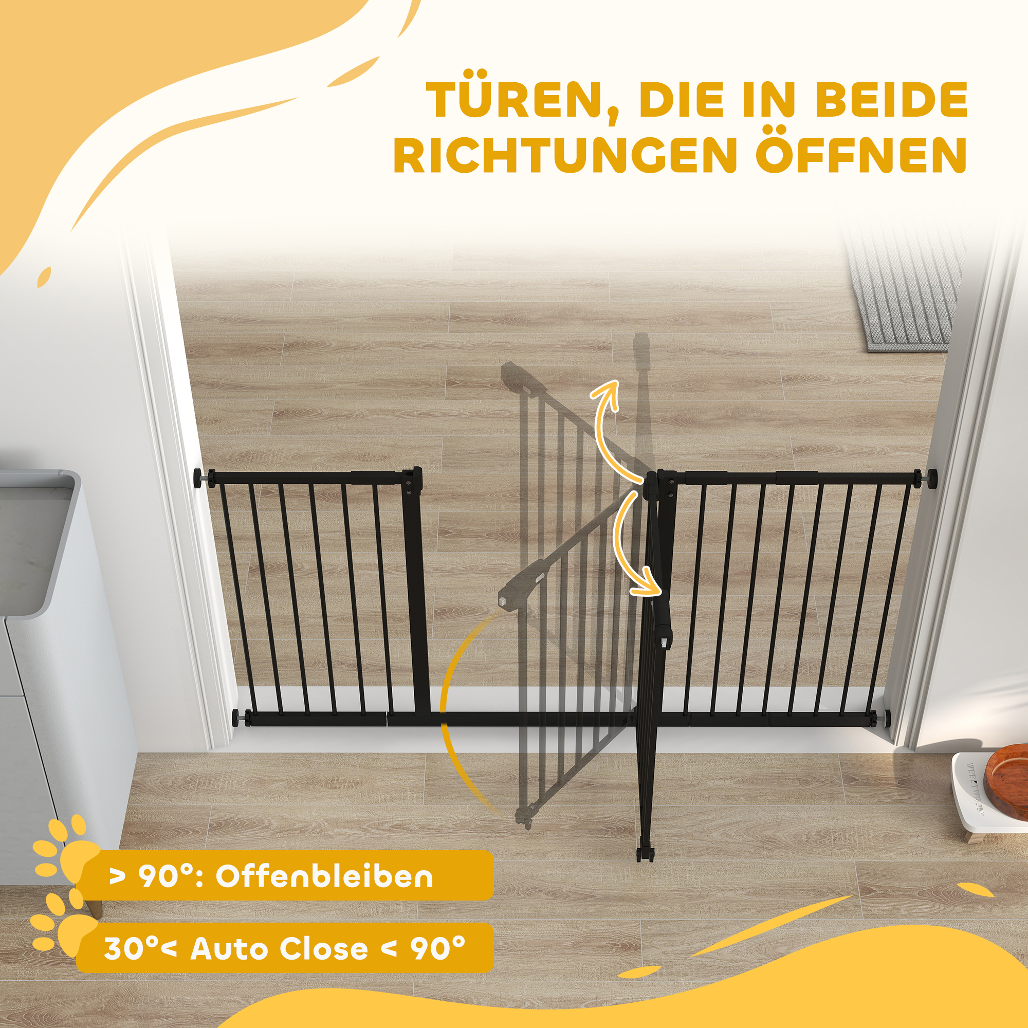 Türschutzgitter Treppenschutzgitter mit 17,5/20,3/30,5 cm Verlängerung Türgitter ohne Bohren mit Auto-Close für Breiten 74-147,5 cm Beidseitig Schwenkbar Metall Schwarz