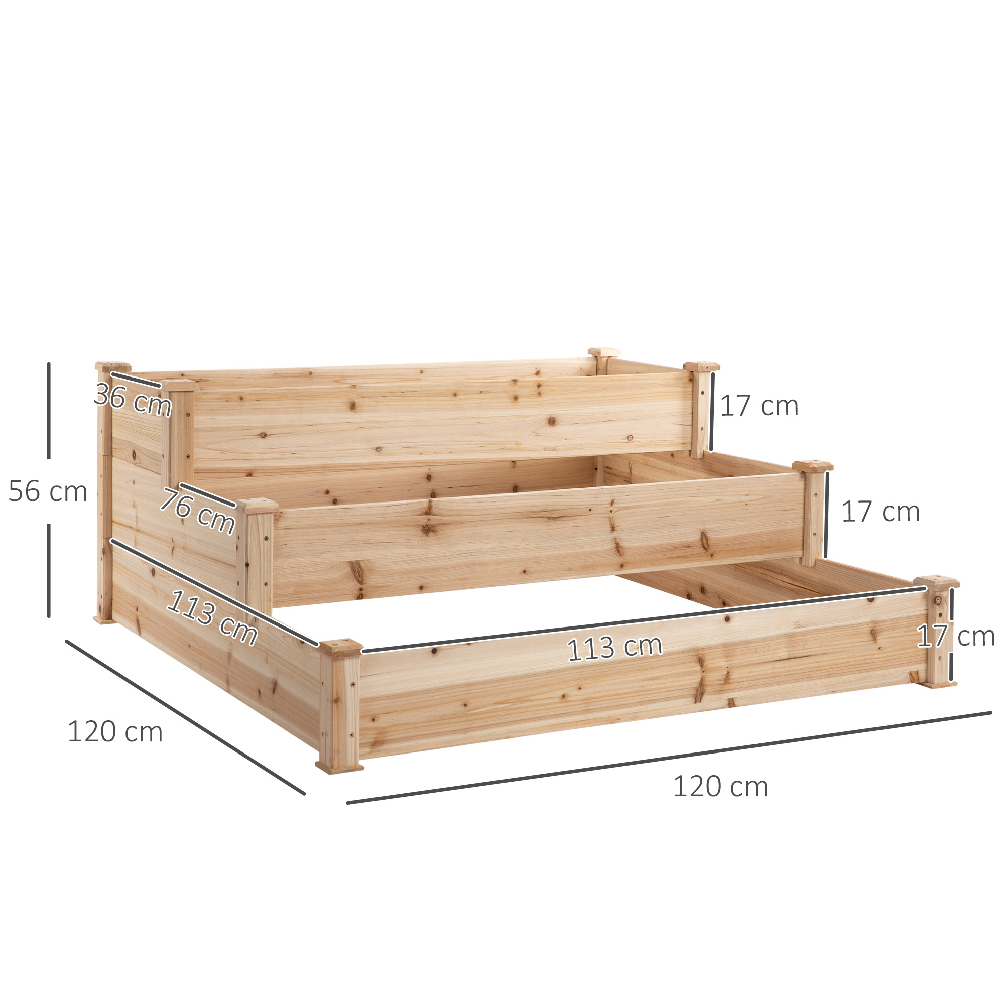Hochbeet 3-stufige Gartenbeet Pflanzenbeet  Kräuterbeet Blumentreppe für Balkon Garten Natur Tannenholz 120 x 120 x 56 cm