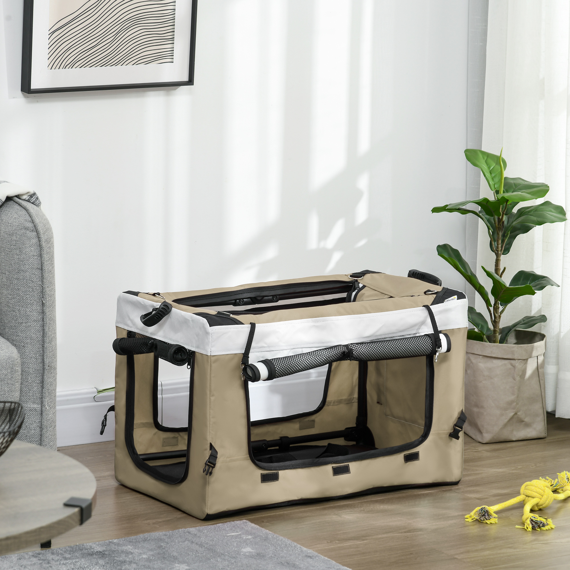 Hundbuggy Haustierbuggy Hundewagen, klappbar, abnehmbarer Korb, 81 x 58 x 97,5 cm, Schwarz+Khaki+Weiß