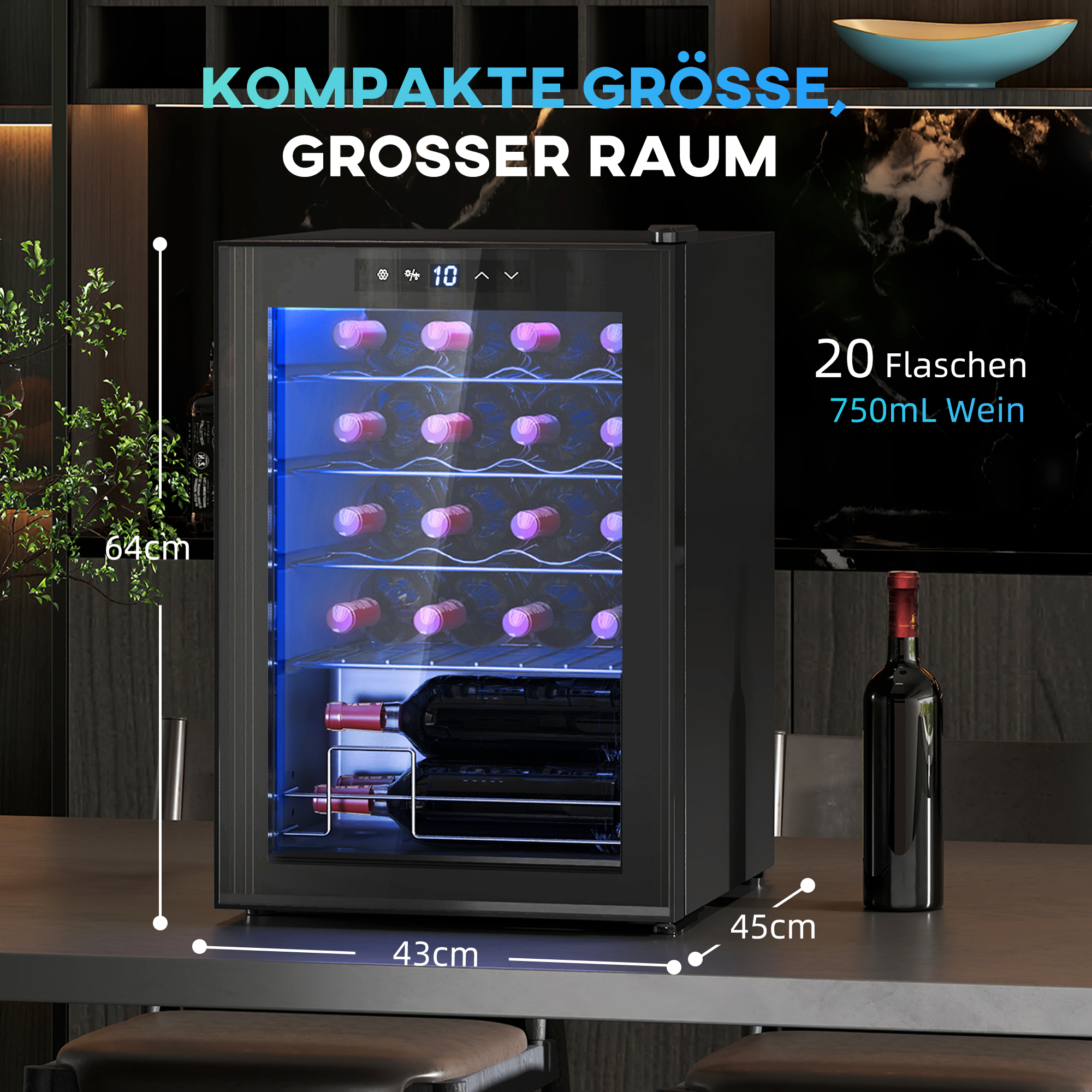 kleiner Weinkühlschrank, Mini-Kühlschrank für 20 Flaschen, 53 Liter Kapazität, mit Glastür, LED-Beleuchtung, Schwarz