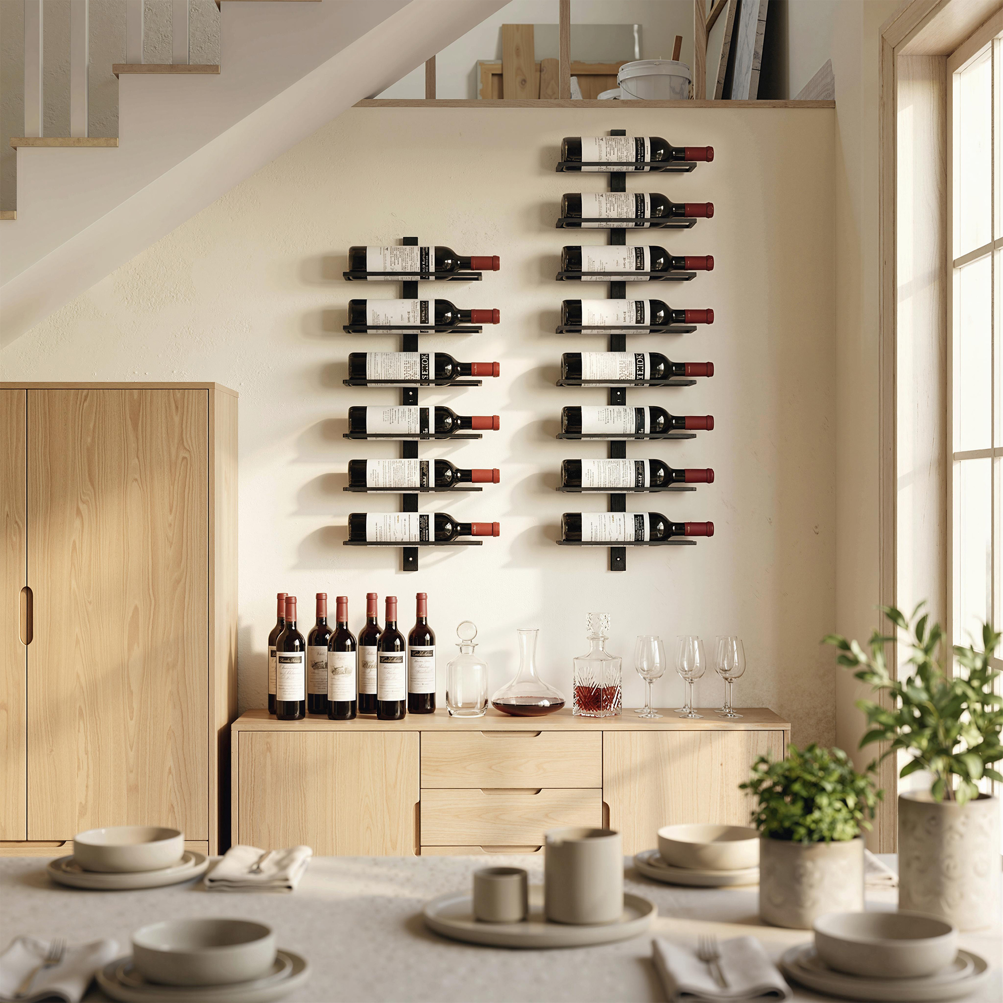 Weinregal, Wandregal für 8 Flaschen Wein, 8 Ebenen, Stahlrohr, für Küche, Wohnzimmer, Hausbar, Schwarz