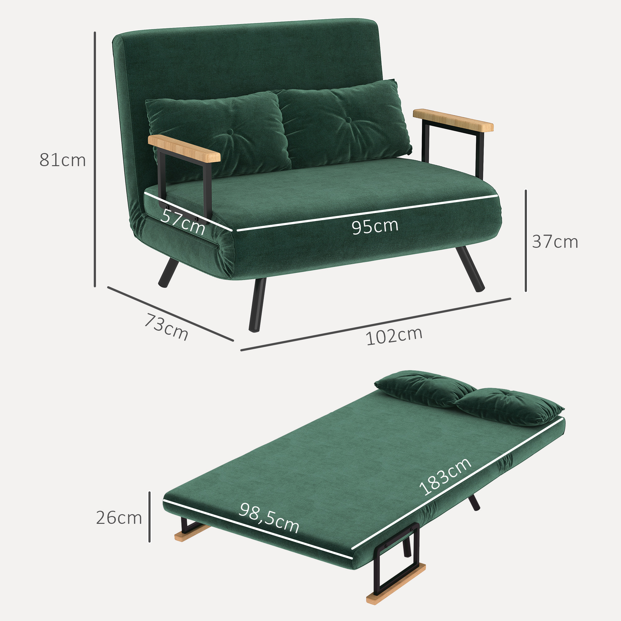 Schlafsofa 2er-Sofa Samtsofa, Schlaffunktion, inkl. 2 Kissen, Samtoptik, Natur + Grün