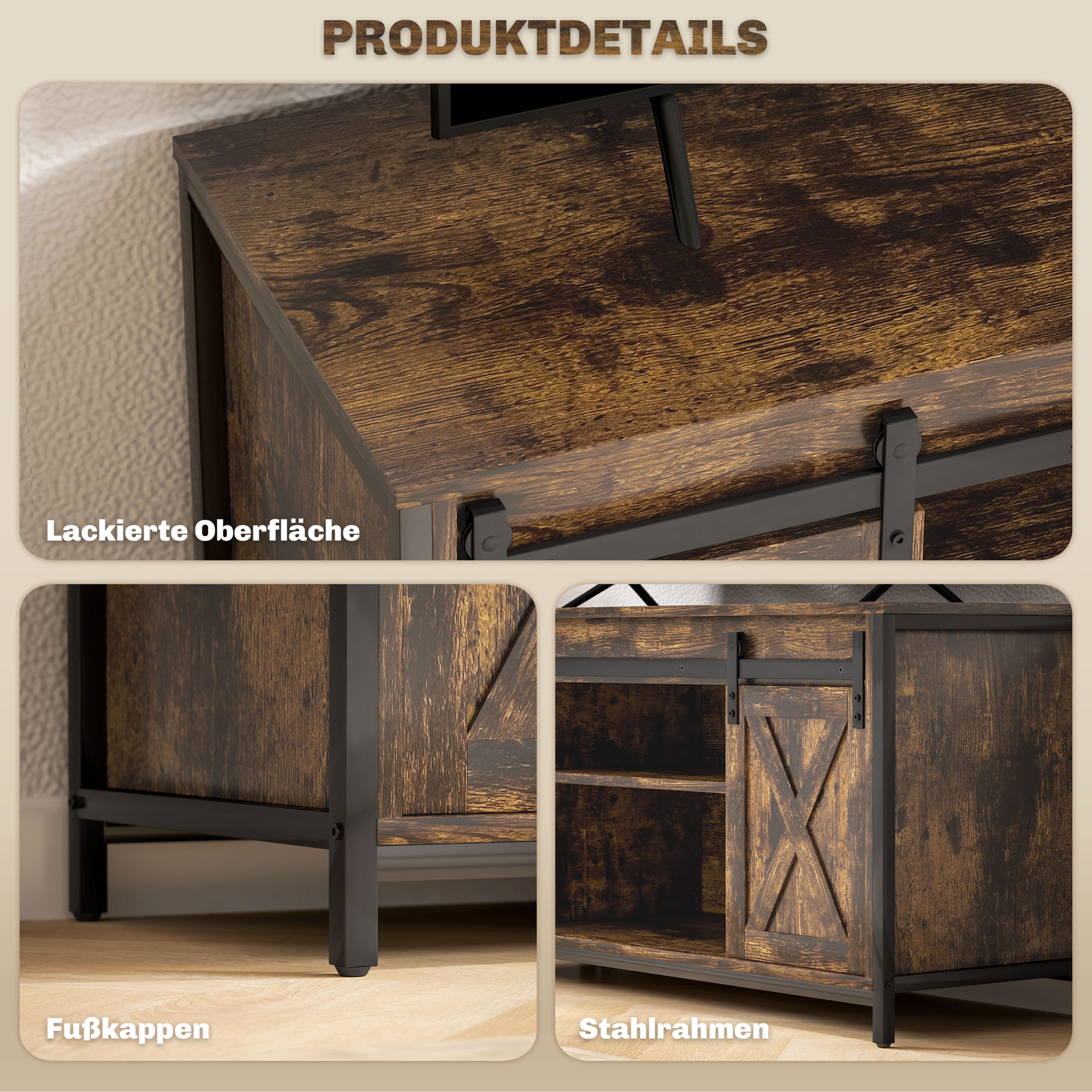 TV Lowboard, Industrial Design, für 60'' TVs, 6 Fächer, 2 Schiebetüren, Braun/Schwarz