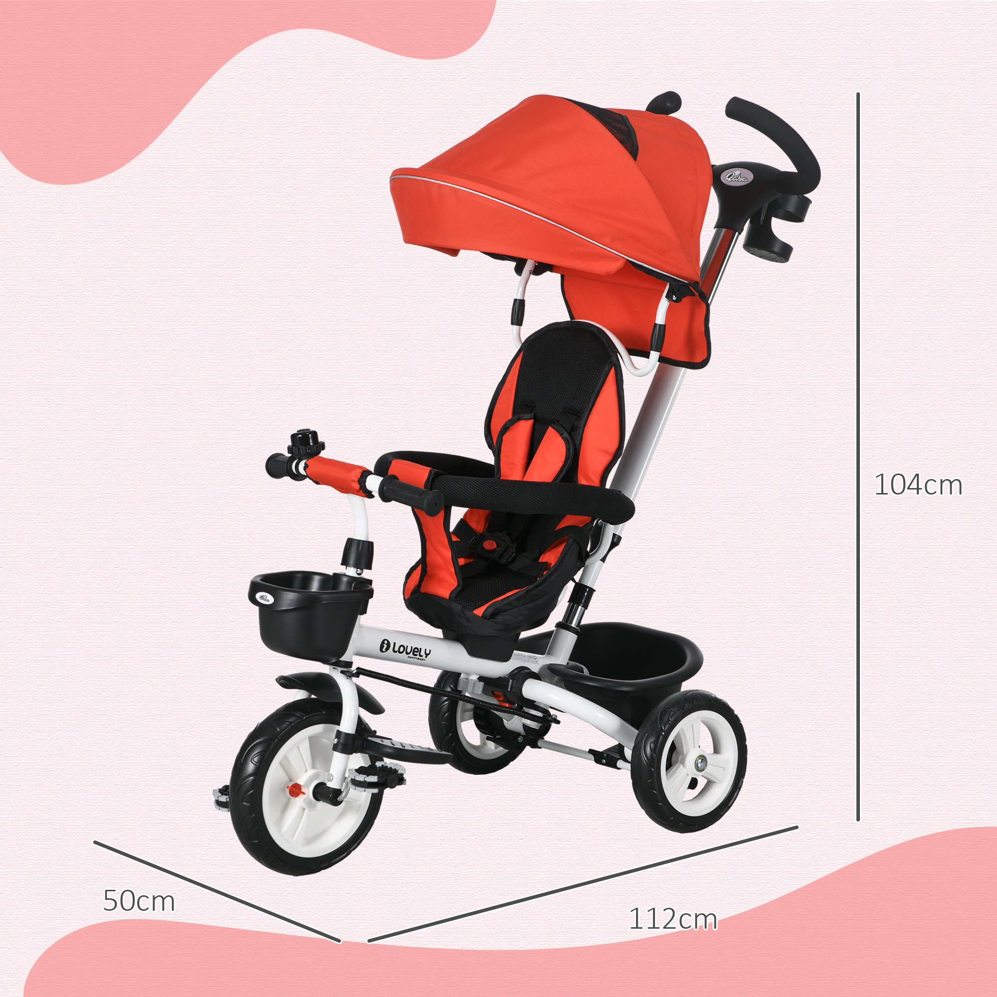 6-in-1 Kinderdreirad mit Schiebestange, Dach, Gurt, Ablagekorb, 18+ Monate, Rot