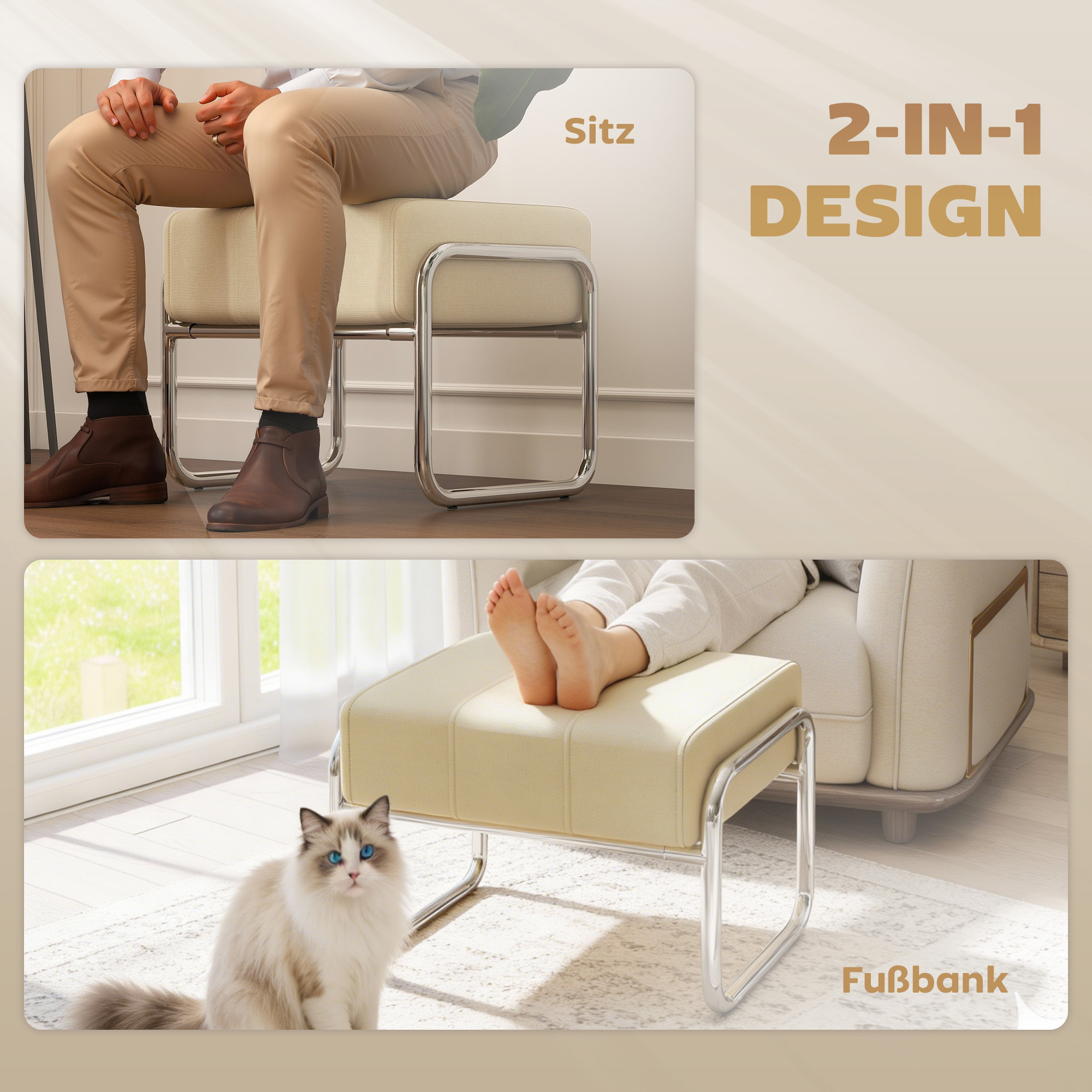 Fußhocker Sitzhocker Dick Gepolstert Hocker mit Chenille-Stoff Stahlbeinen für Schlafzimmer, Beige