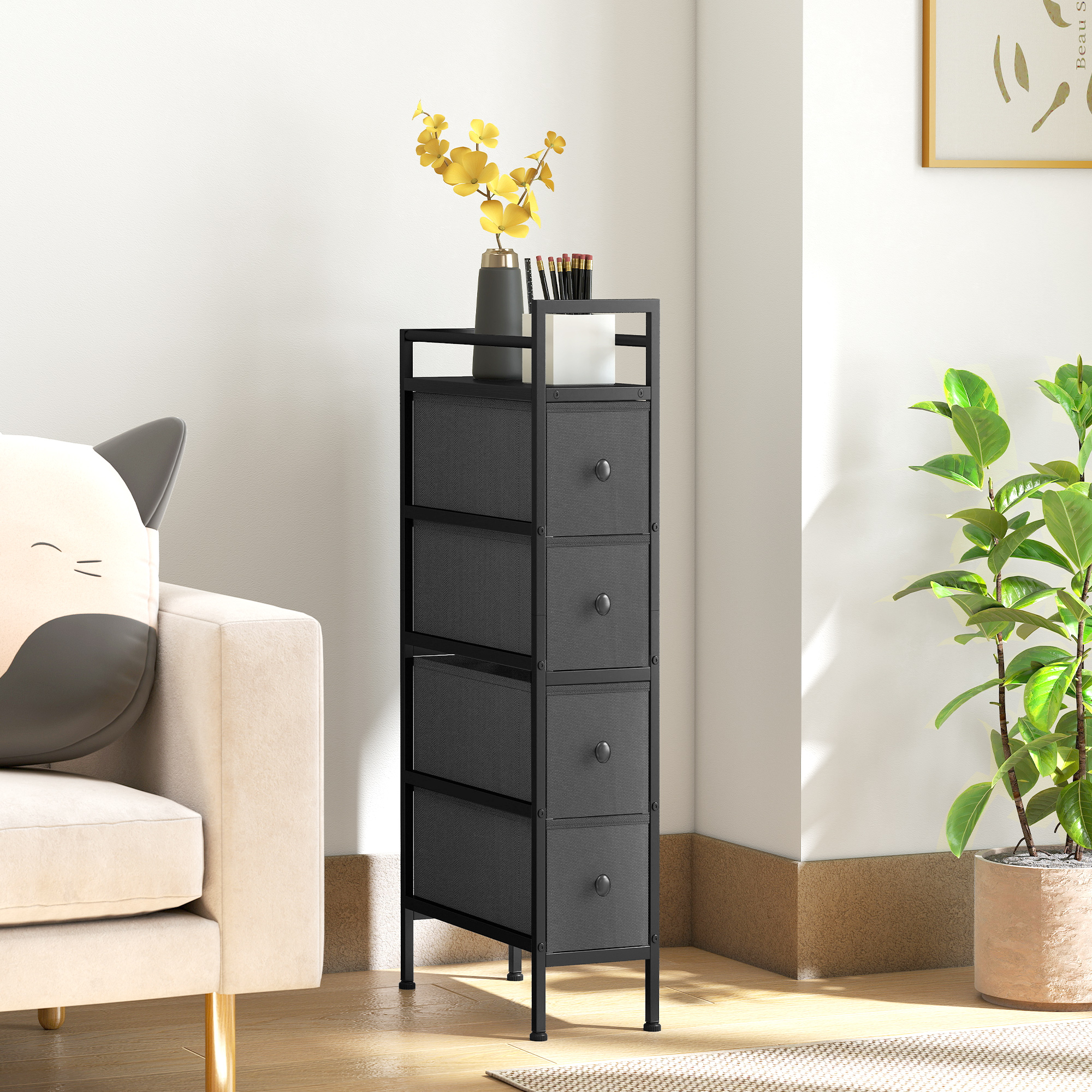Kommode Schrank mit 4 Schubladen aus Vliesstoff Aufbewahrungsschrank mit Stahlrahmen, 20cm x 43cm x 81,5cm, Schwarz
