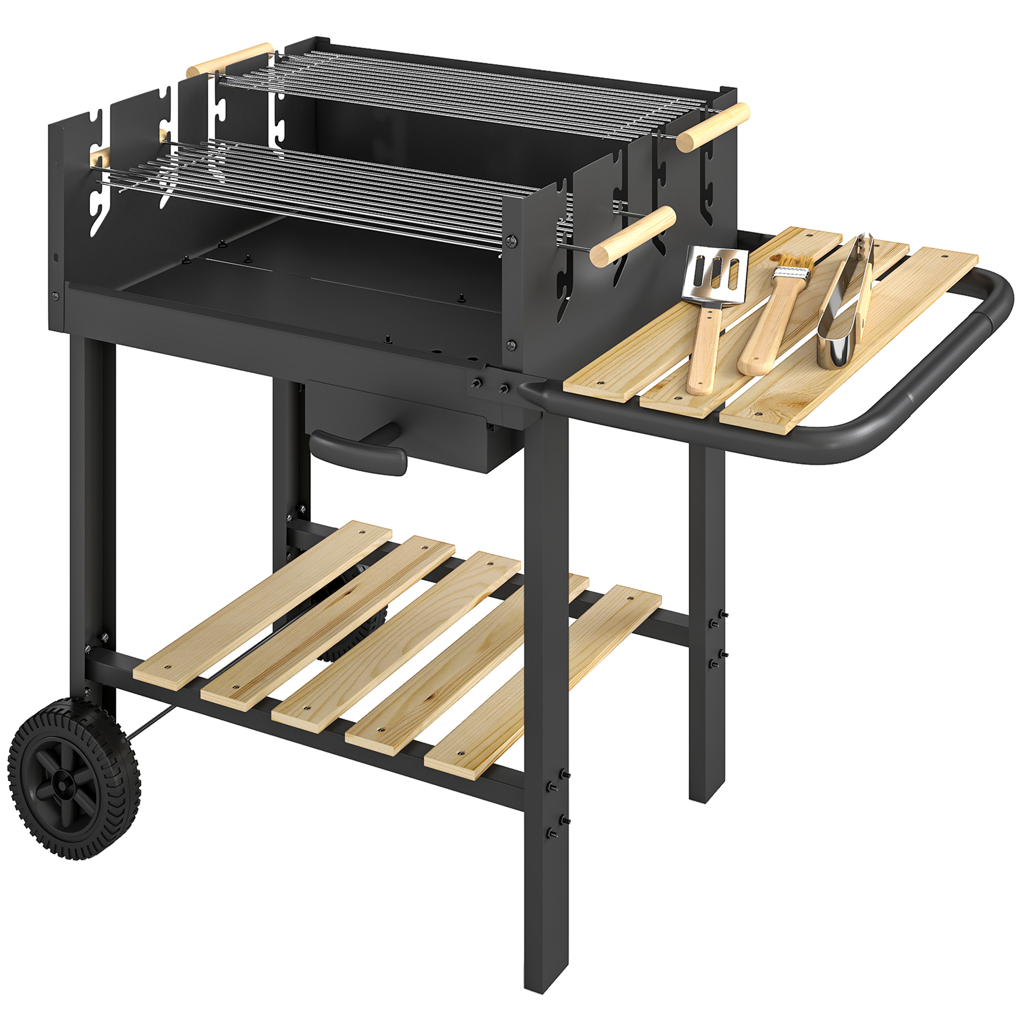 Holzkohlegrill Grillwagen mit 4-fach höhenverstellbarer Grillrost 2 Holzablage 2 Räder Aschebehälter 99,5 x 58 x 82 cm