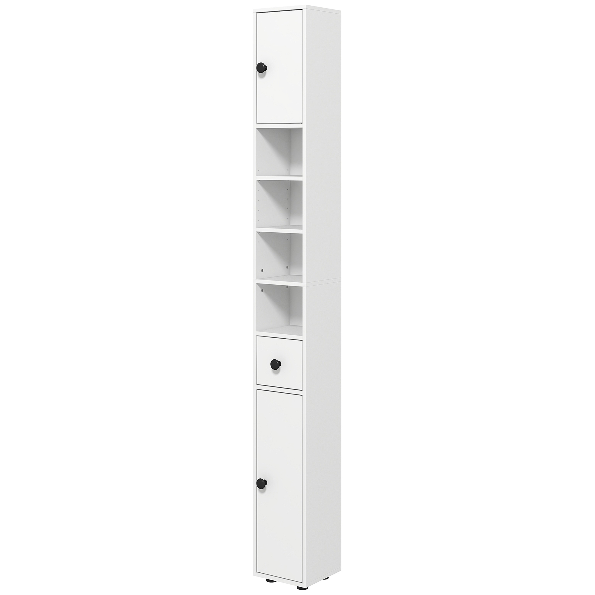 Badezimmerschrank, 4 Regale, Schublade, Spanplatte, schlankes Design, Weiß