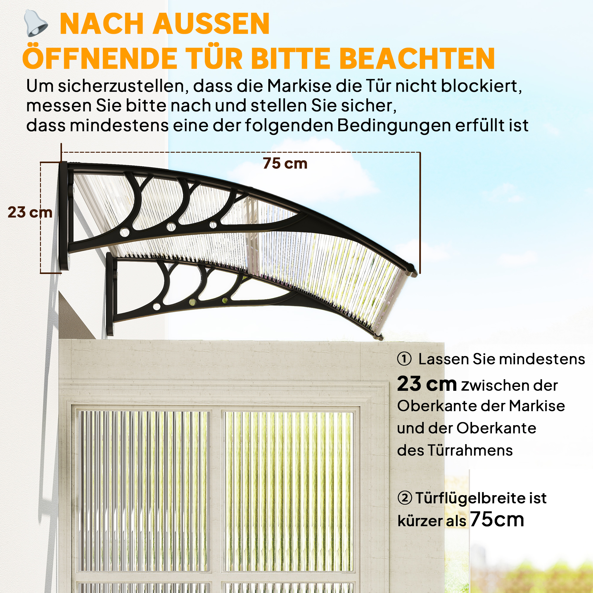 Vordach Haustürvordach 100 x 75 cm Pultvordach Überdachung Polycarbonat Transparent