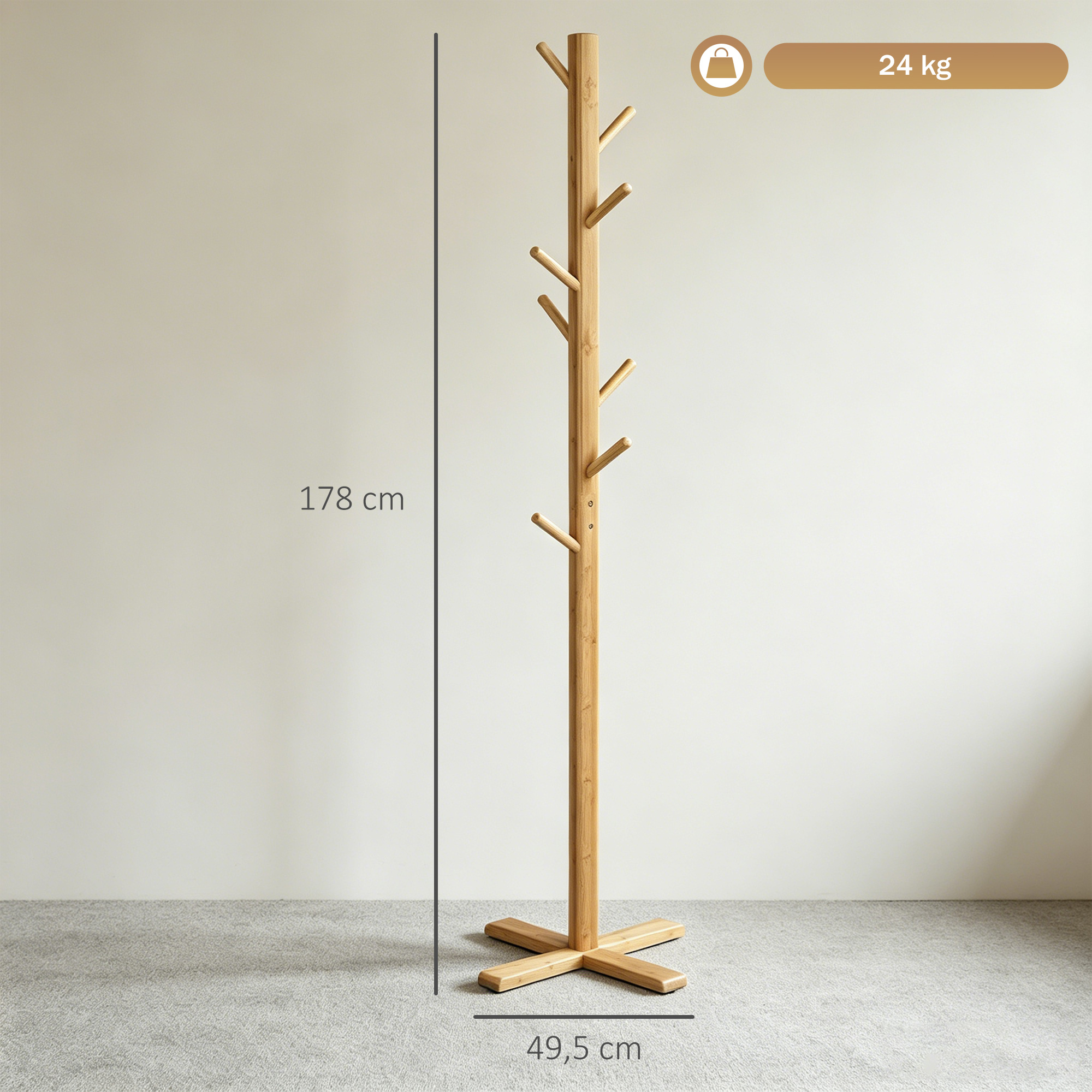 Garderobe Kleiderständer Hutständer, 8 Haken, 49,5 cm x 49,5 cm x 178 cm, Natur
