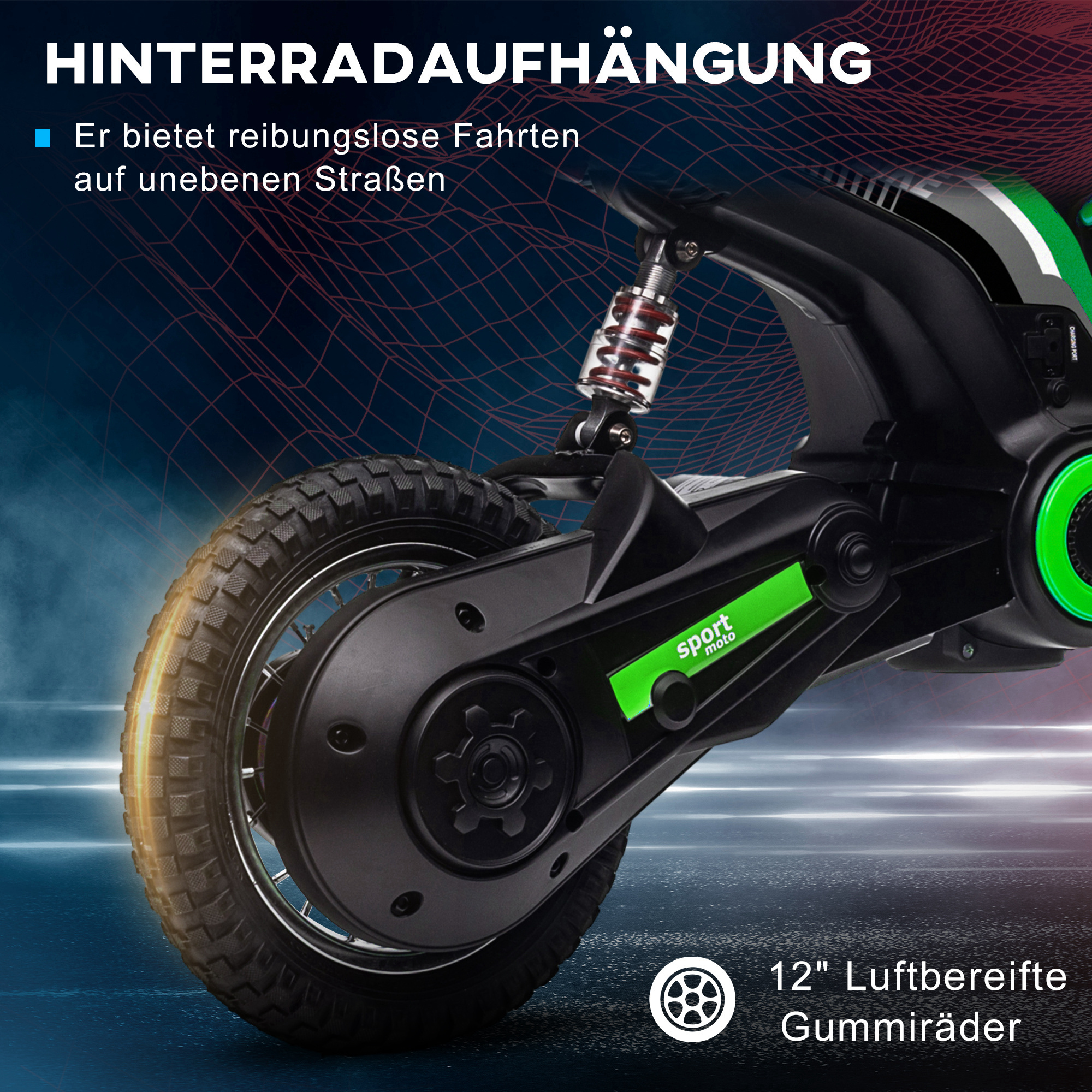 Elektro-Kindermotorrad, 24V Motor, einstellbare Geschwindigkeit, Musik & Lichter, Grün