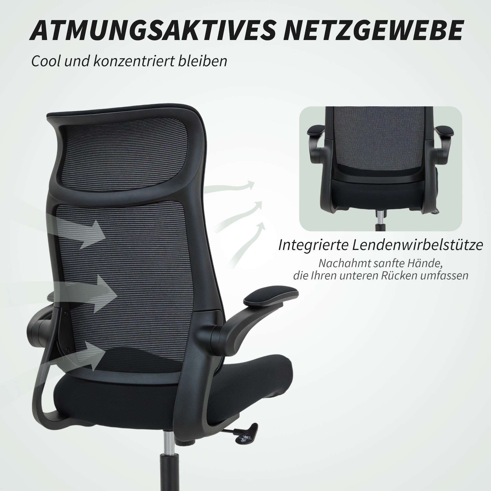 Ergonomischer Bürostuhl mit 3D-Armlehnen, Netzstoffrücken, S-förmige Rückenlehne, Kopfstütze, Kippfunktion, Schwarz
